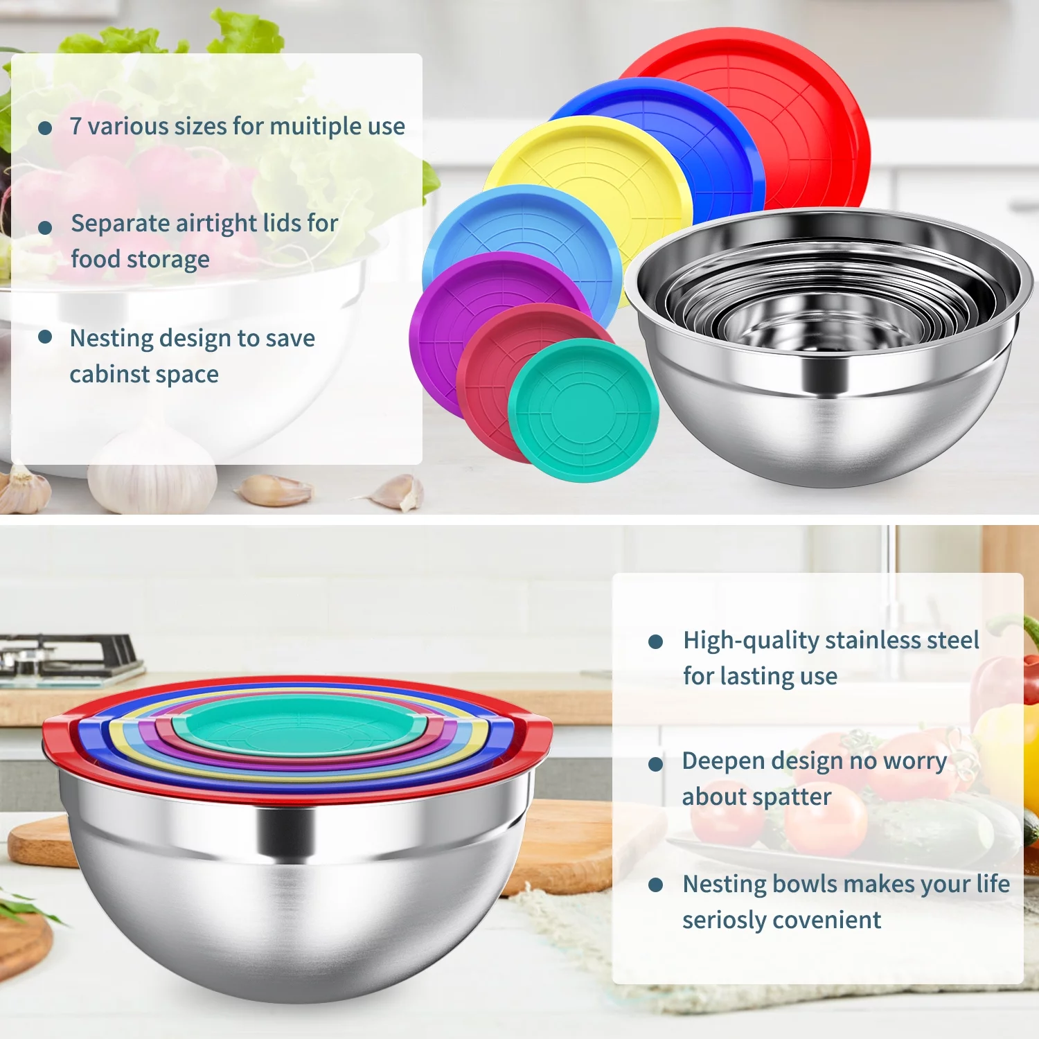 TINANA Mixing Bowls with Lids: Stainless Steel Mixing Bowls Set – 7PCS Metal Nesting Mixing Bowls for Kitchen, Size 7, 4.5, 3, 2, 1.5, 1, 0.7 QT, Great for Prep, Baking, Serving-Multi-Color