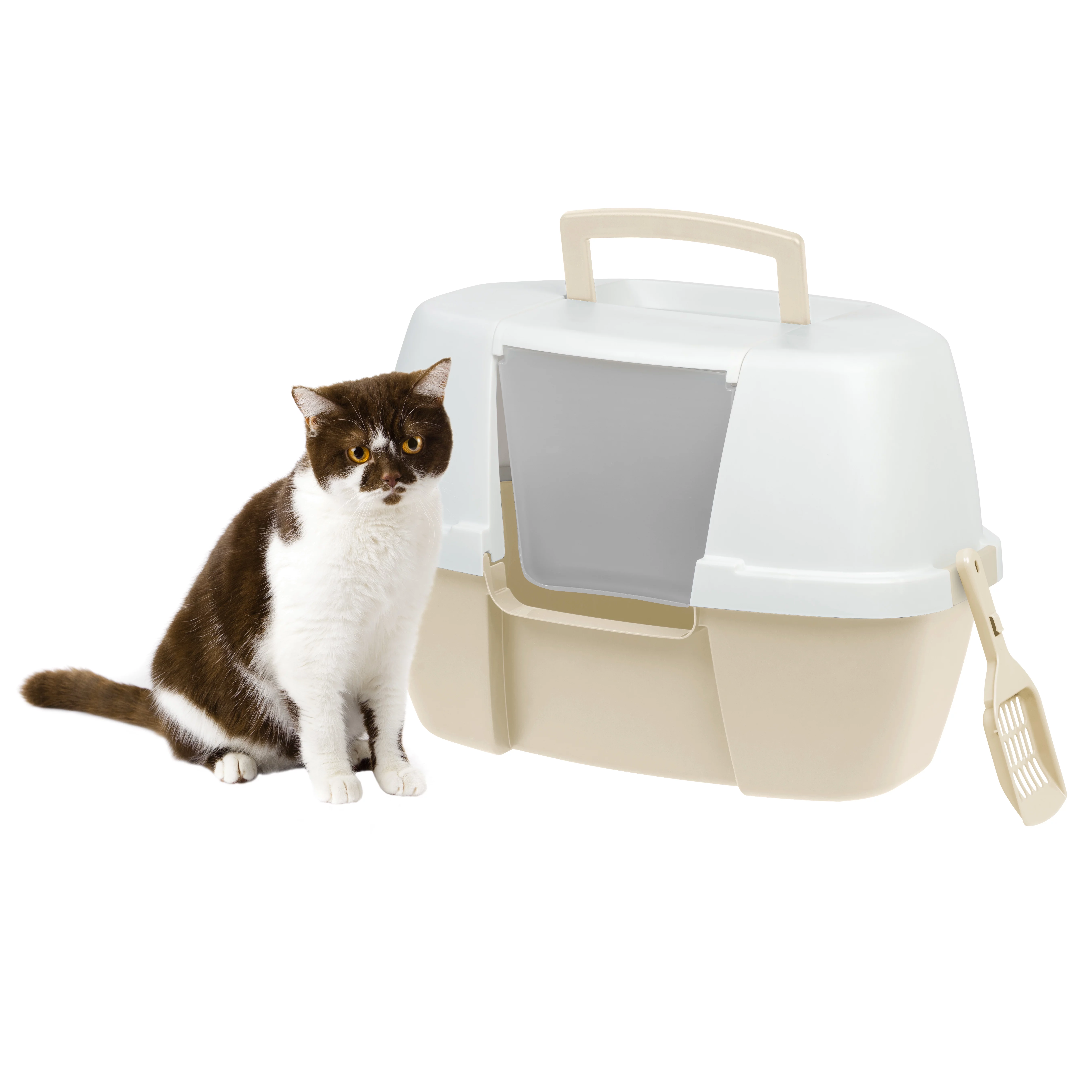 IRIS USA Large Corner Cat Litter Box with Flap-Entry Hood and Litter Scoop, Tan/White