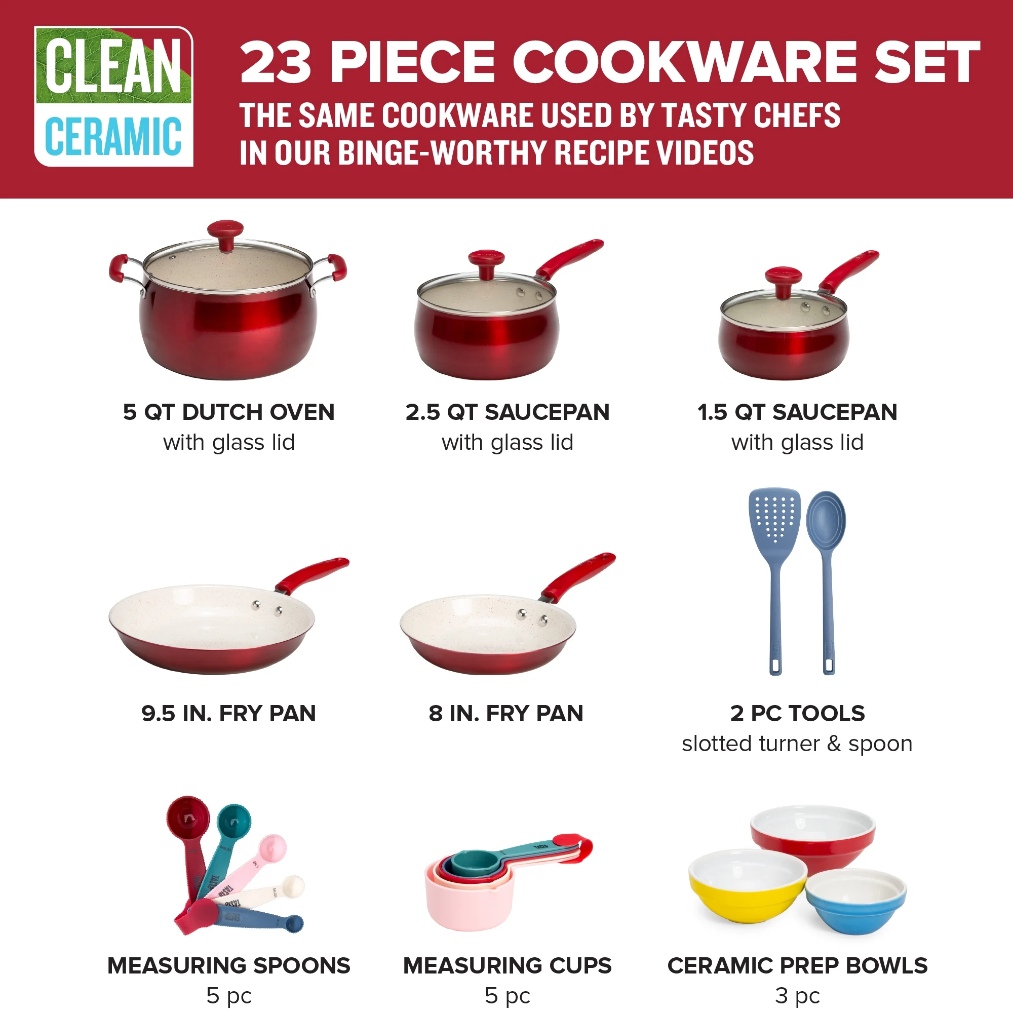 Tasty Clean Ceramic 23 Piece Non-Stick Aluminum Cookware Set, Red