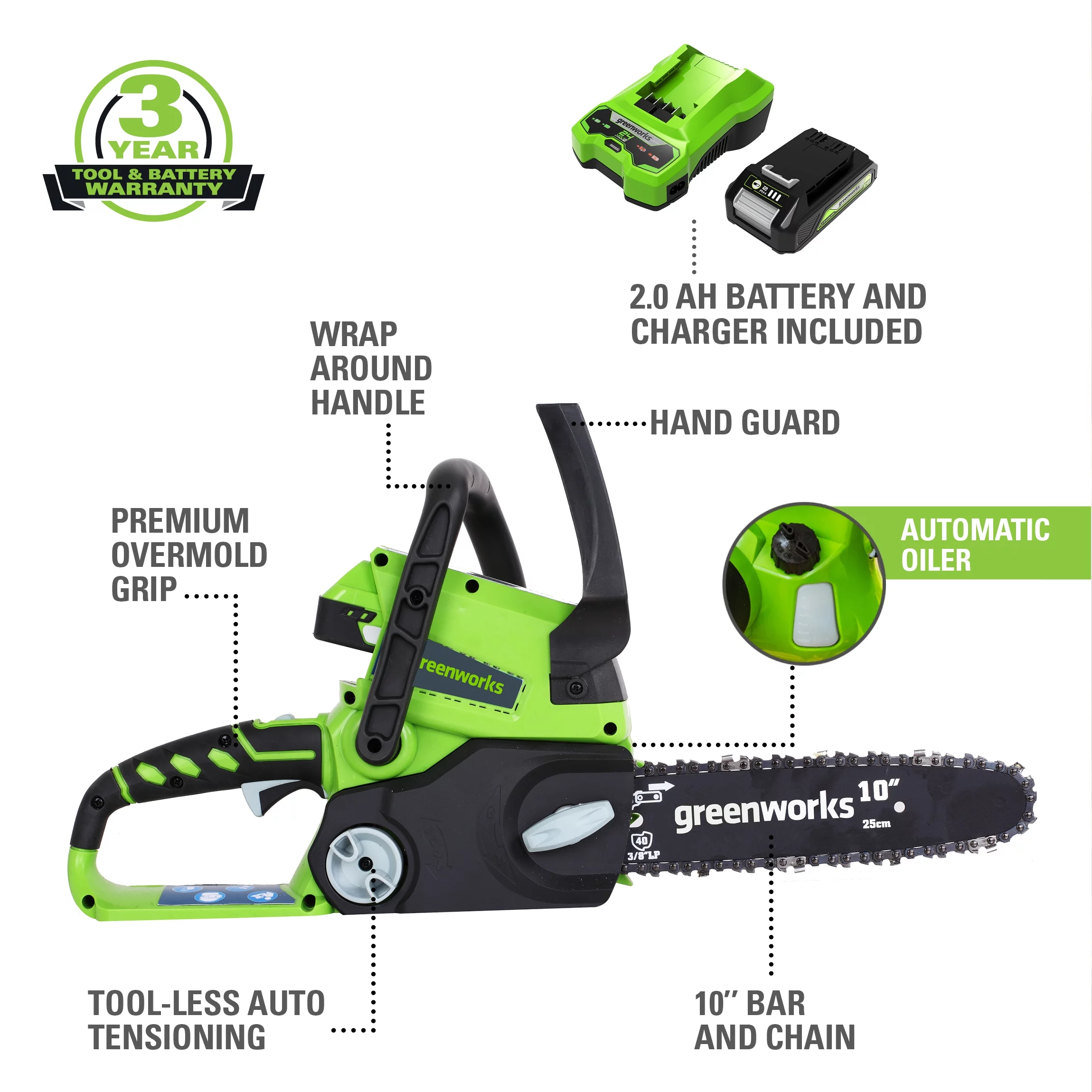 Greenworks 24V 10″ Cordless Chainsaw with 2.0 Ah Battery & Charger 20362