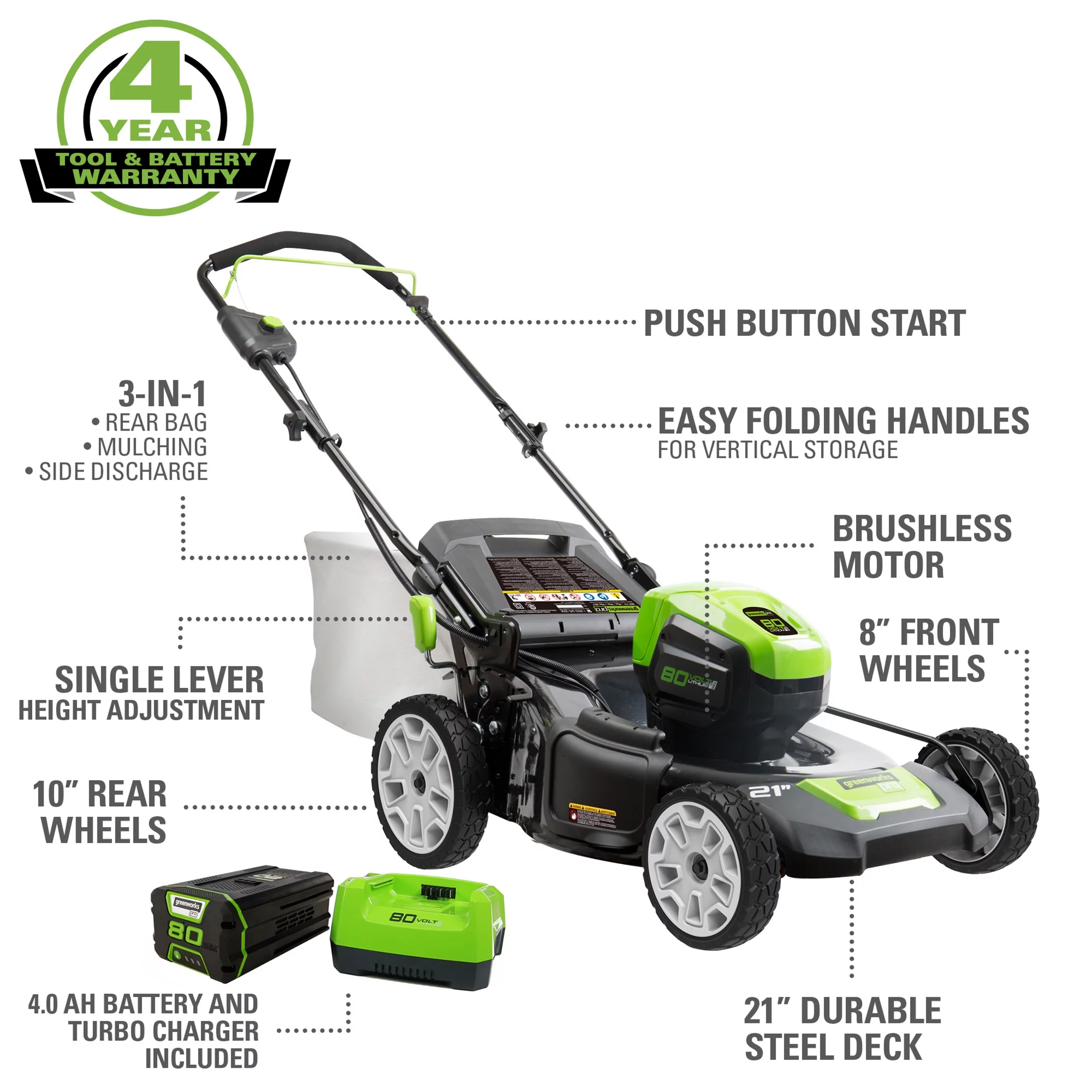 Greenworks 80V 21″ Push Mower with 4Ah Battery & Charger 2501202VT