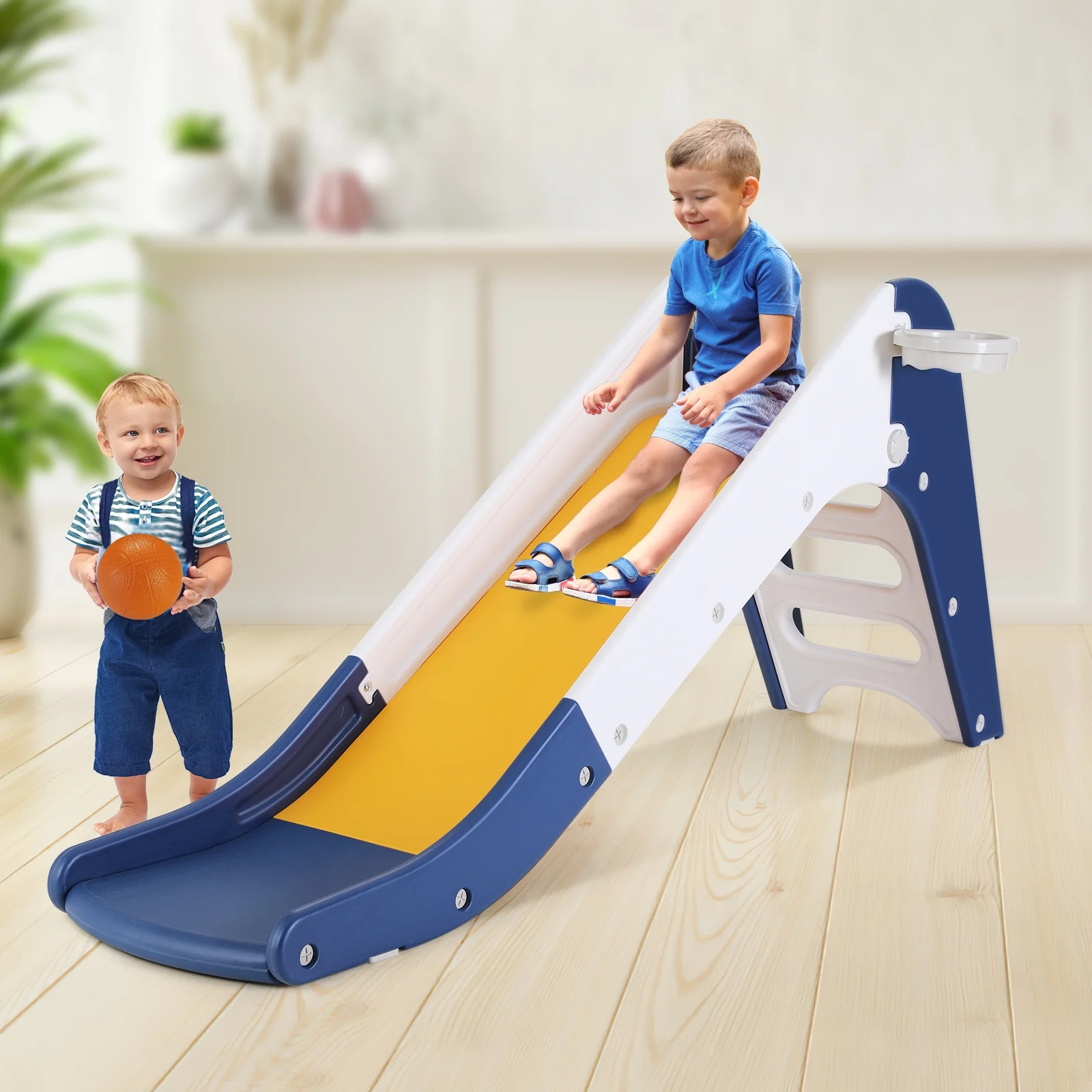 Arlopu Toddler Slide, Baby Slide Climber Playset with Basketball Hoop and Ball, Indoor and Outdoor Playground for Kids