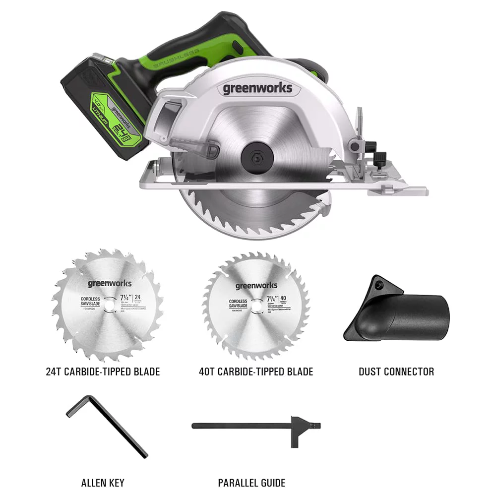 Greenworks 24V Brushless Cordless 7.25” Circular Saw 4,500 RPM, with 4Ah Battery and 2A Charger