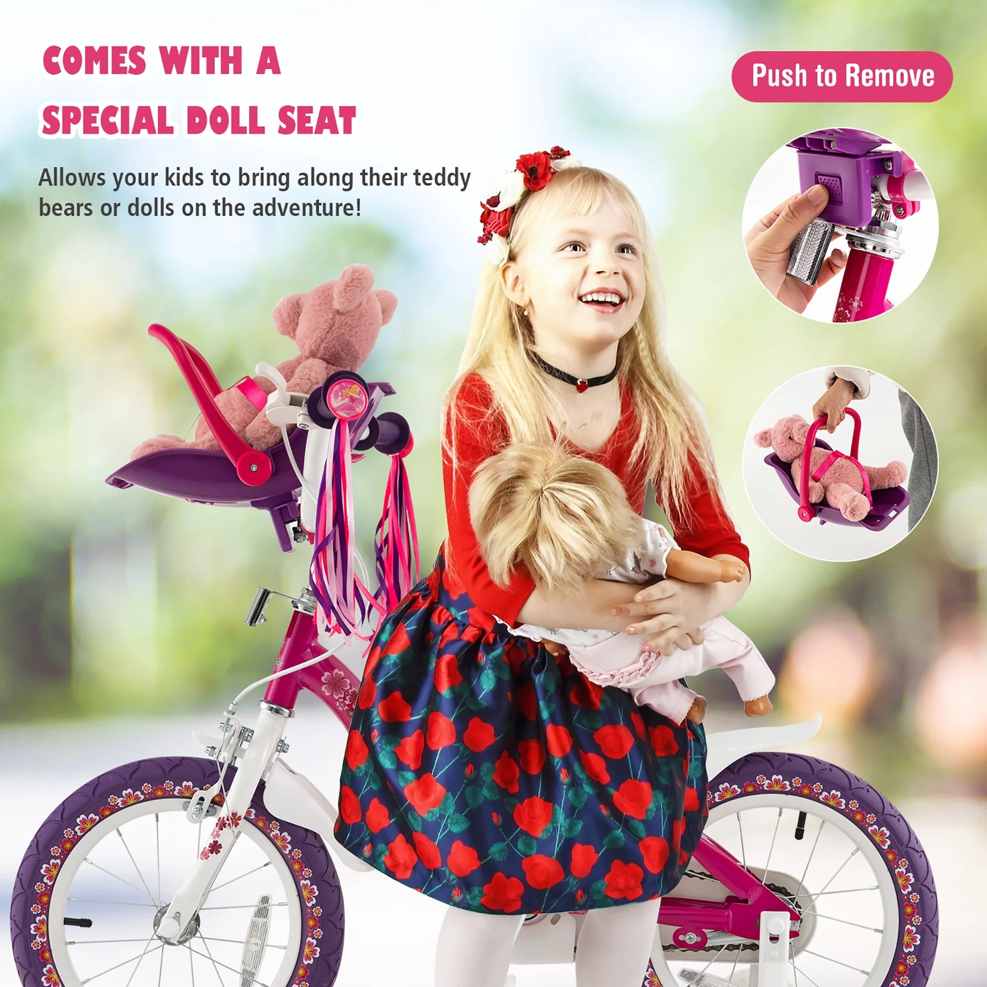 Costway 14” Kids Bike with Doll Seat Girls Bicycle with Training Wheels for 3-5 Years Old Girl