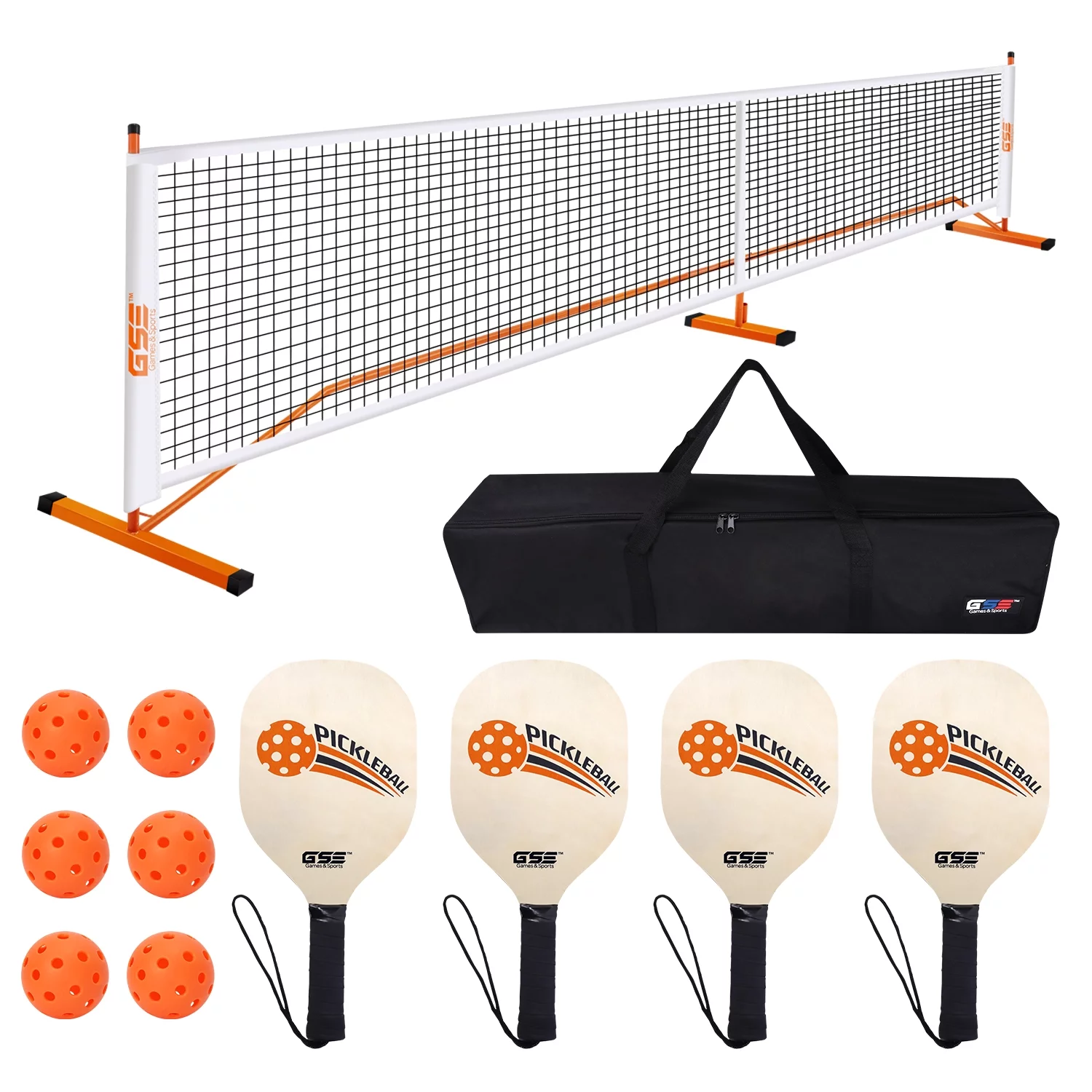 GSE Games & Sports Expert Professional Portable Pickleball Complete Net Set with Pickleball Net,4 Pickleball Paddles,6 Pickleballs,Carrying Bag for Clubs,Outdoor – Orange