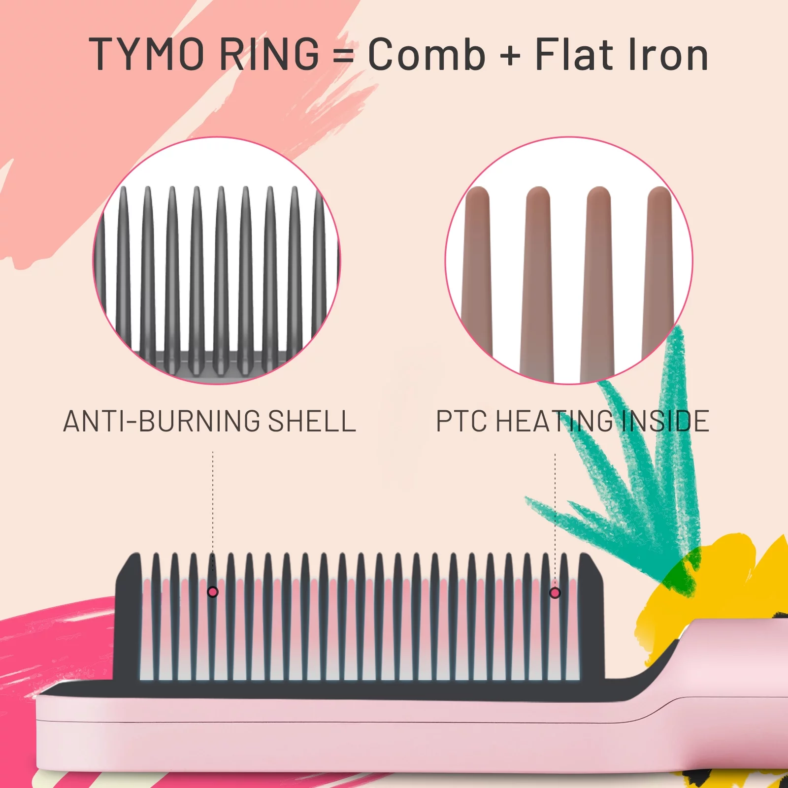 TYMO Ring Pink Hair Straightener Brush ? Hair Straightening Iron with Built-in Comb, 20s Fast Heating & 5 Temp Settings & Anti-Scald