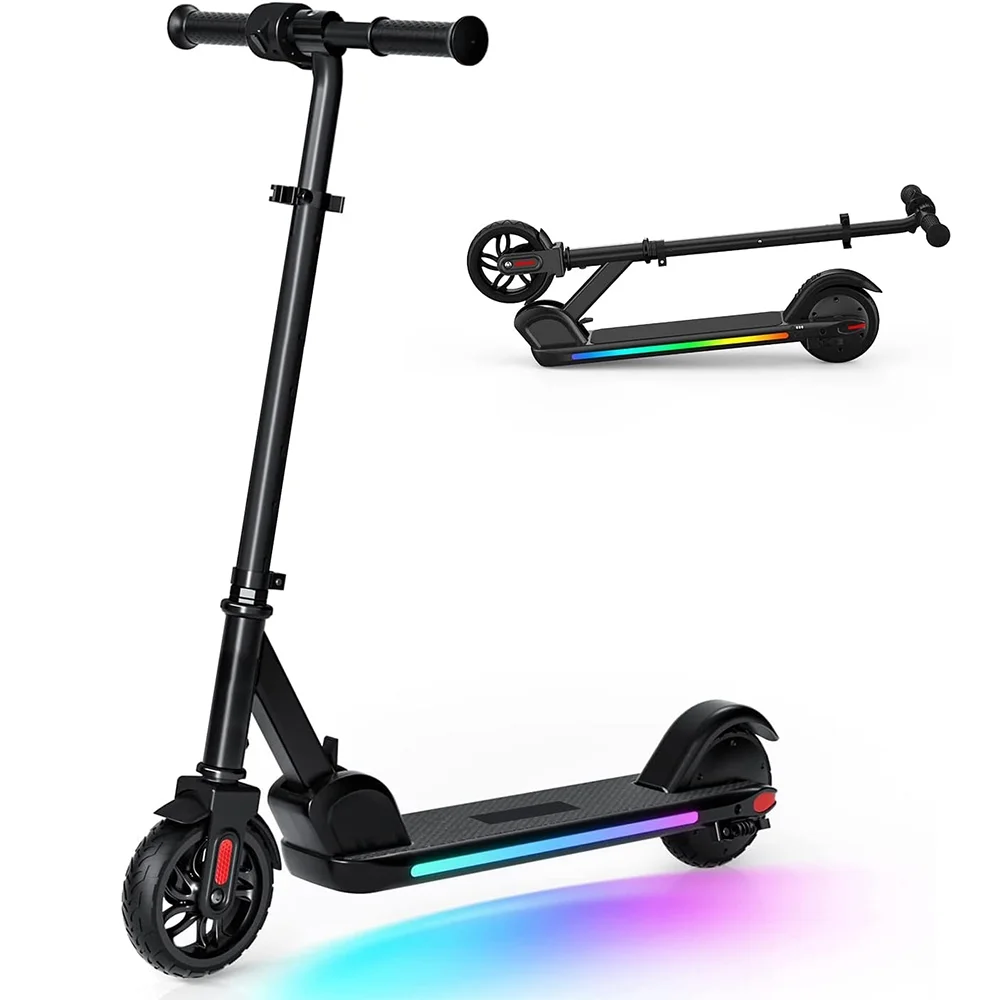 Electric Scooter for Kids, Foldable Scooter with Colourful Rainbow Light and LED Display, Adjustable Speed and Height, Black