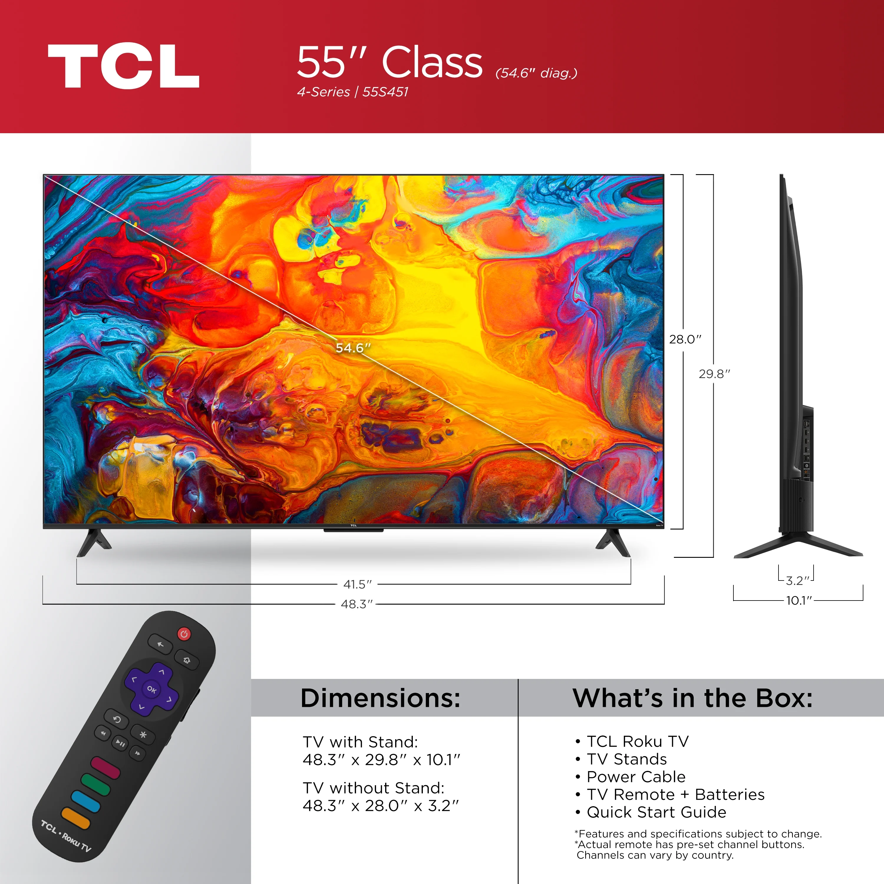 TCL 55″ Class 4-Series 4K UHD HDR Smart Roku TV – 55S451