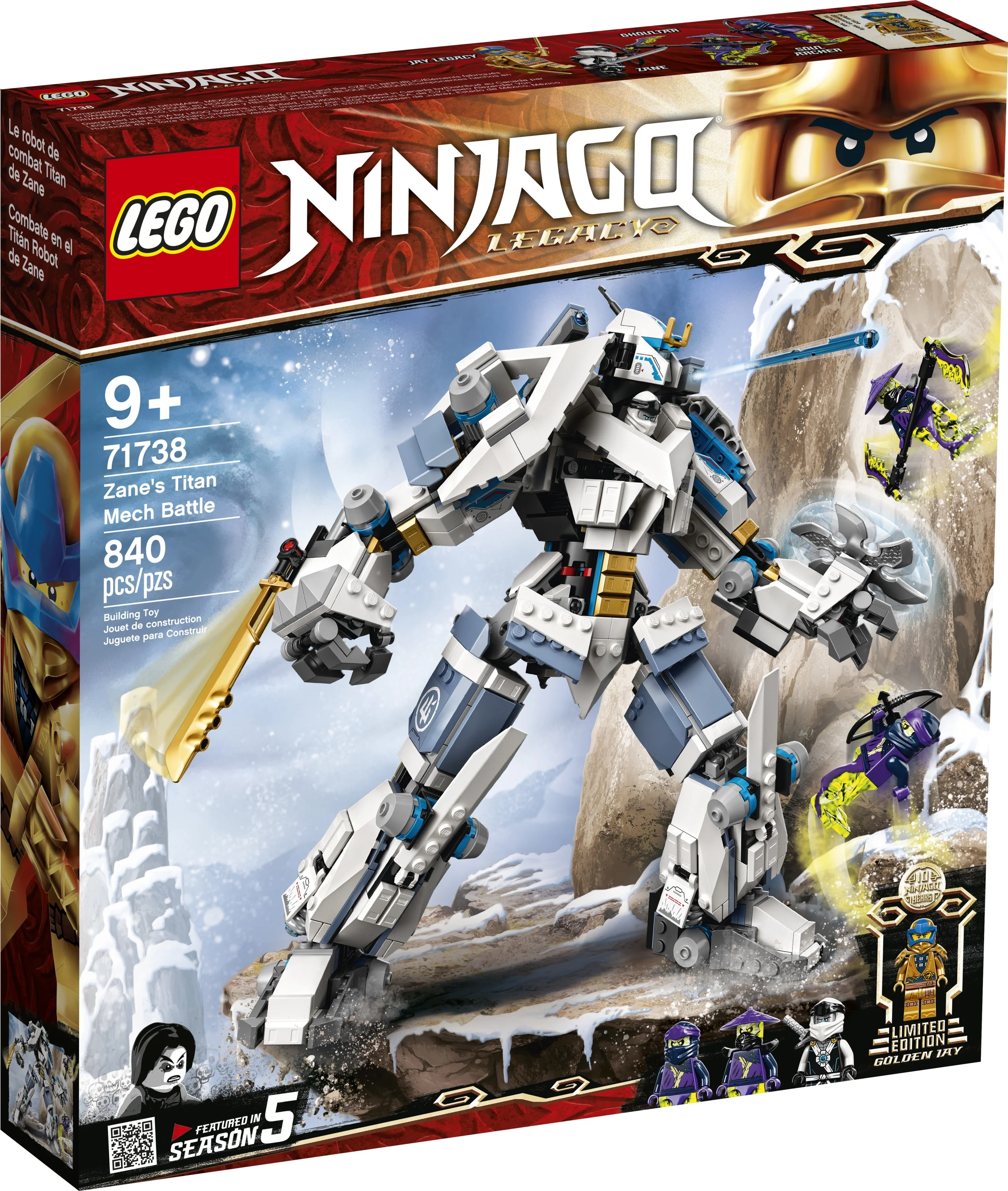 LEGO NINJAGO Legacy Zane’s Titan Mech Battle, 71738 Action Figure Ninja Toy with Golden Jay Minifigure and Ghost Warriors, Gifts for Kids, Boys & Girls