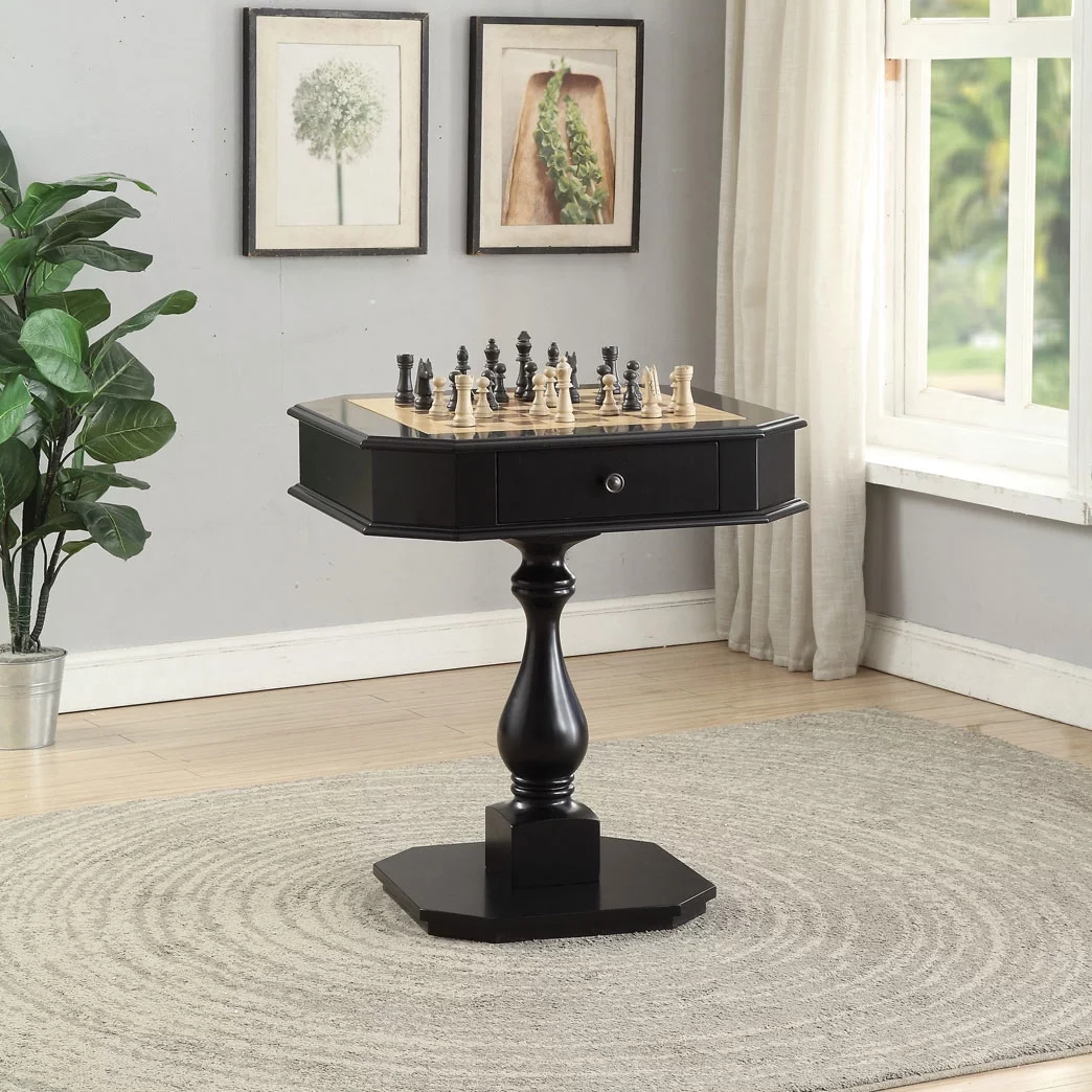 Wooden Chess Game TableWith One Drawer, Black- Saltoro Sherpi