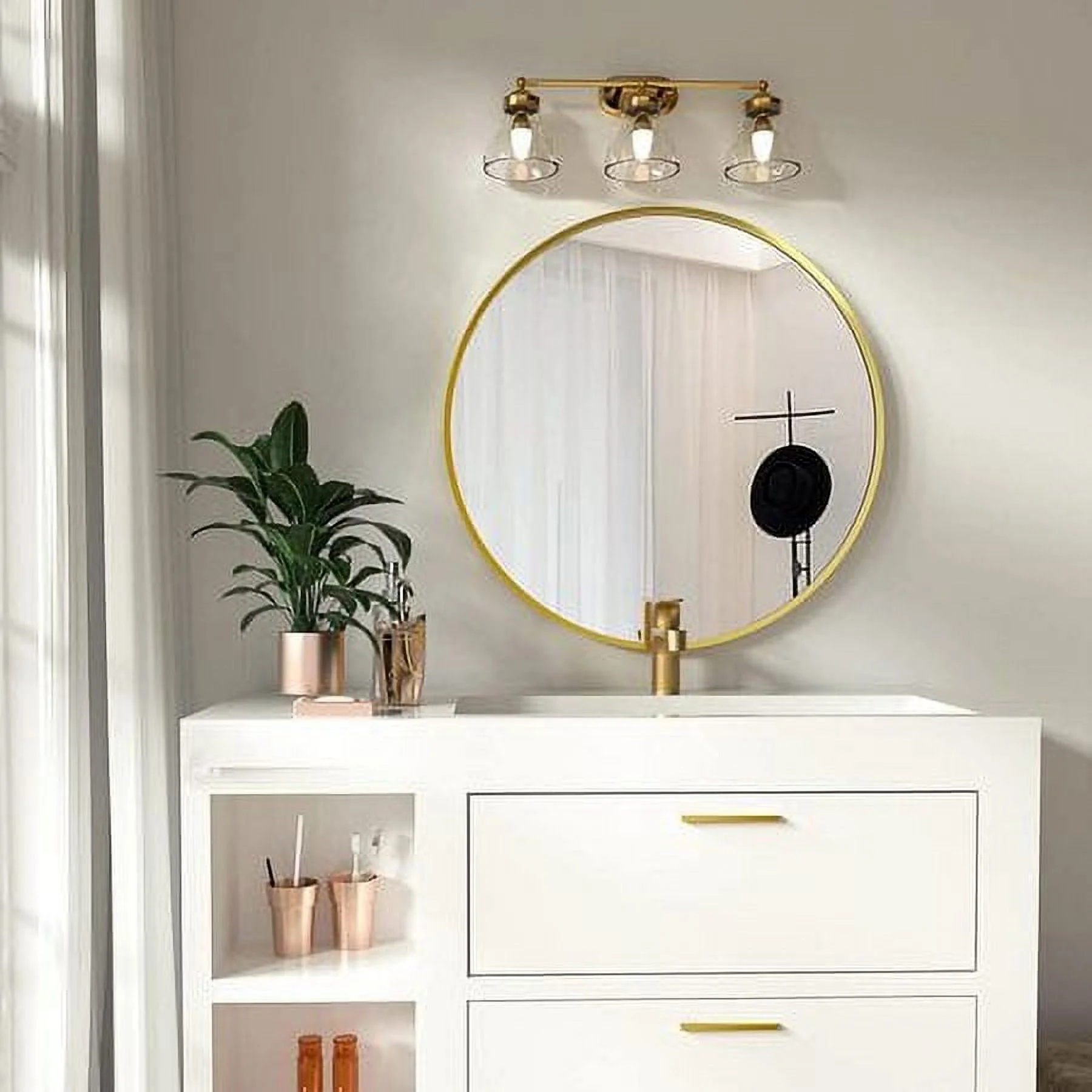 BEAUTYPEAK 24″ Wall Mirror Bathroom Mirror Wall Mounted Round Mirror, Gold