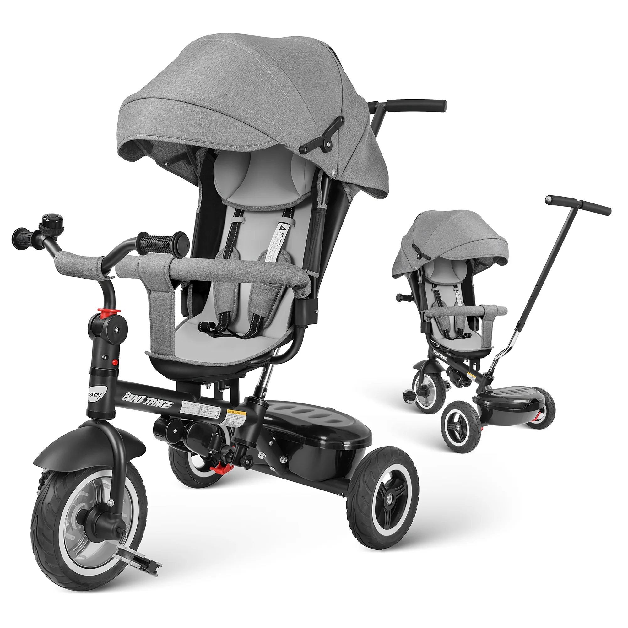 Besrey Kids Tricycle Stroller, 7 in 1 Push Trike with Reversible Seat for Babies, Unisex Gray