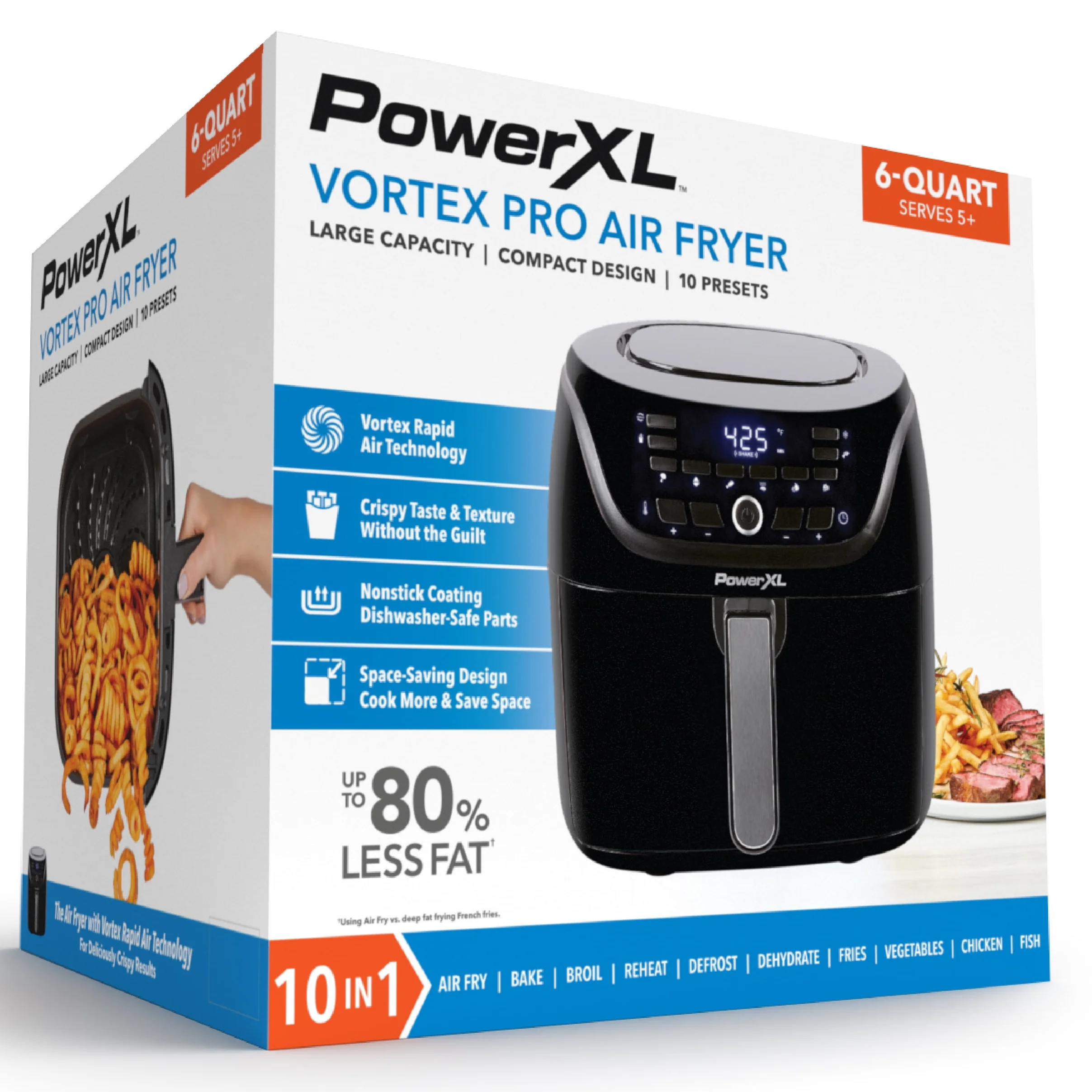 New POWER-XL 6-Qt Digital Vortex Air Fryer with 10 Quick-Touch Presets, Black, AF-E6001-L