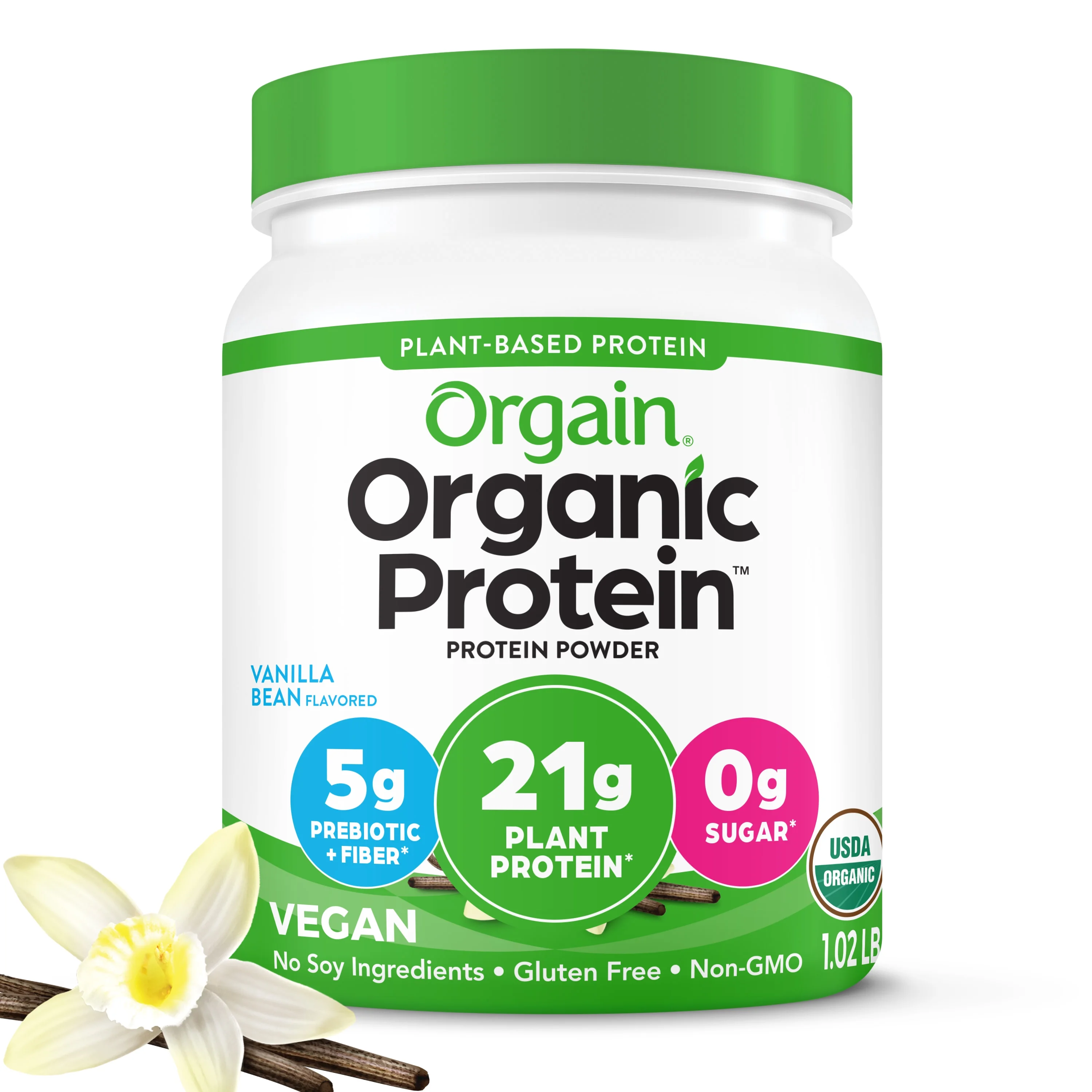 Orgain Organic Vegan 21g Protein Powder, Plant Based, Vanilla Bean 1.02lb