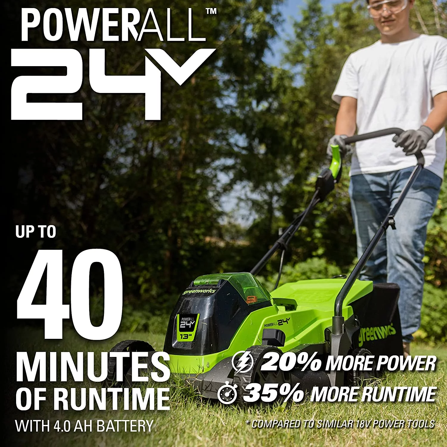 Greenworks 24V 13″ Brushless Lawn Mower, 4Ah USB Battery and Charger Included, 2534402