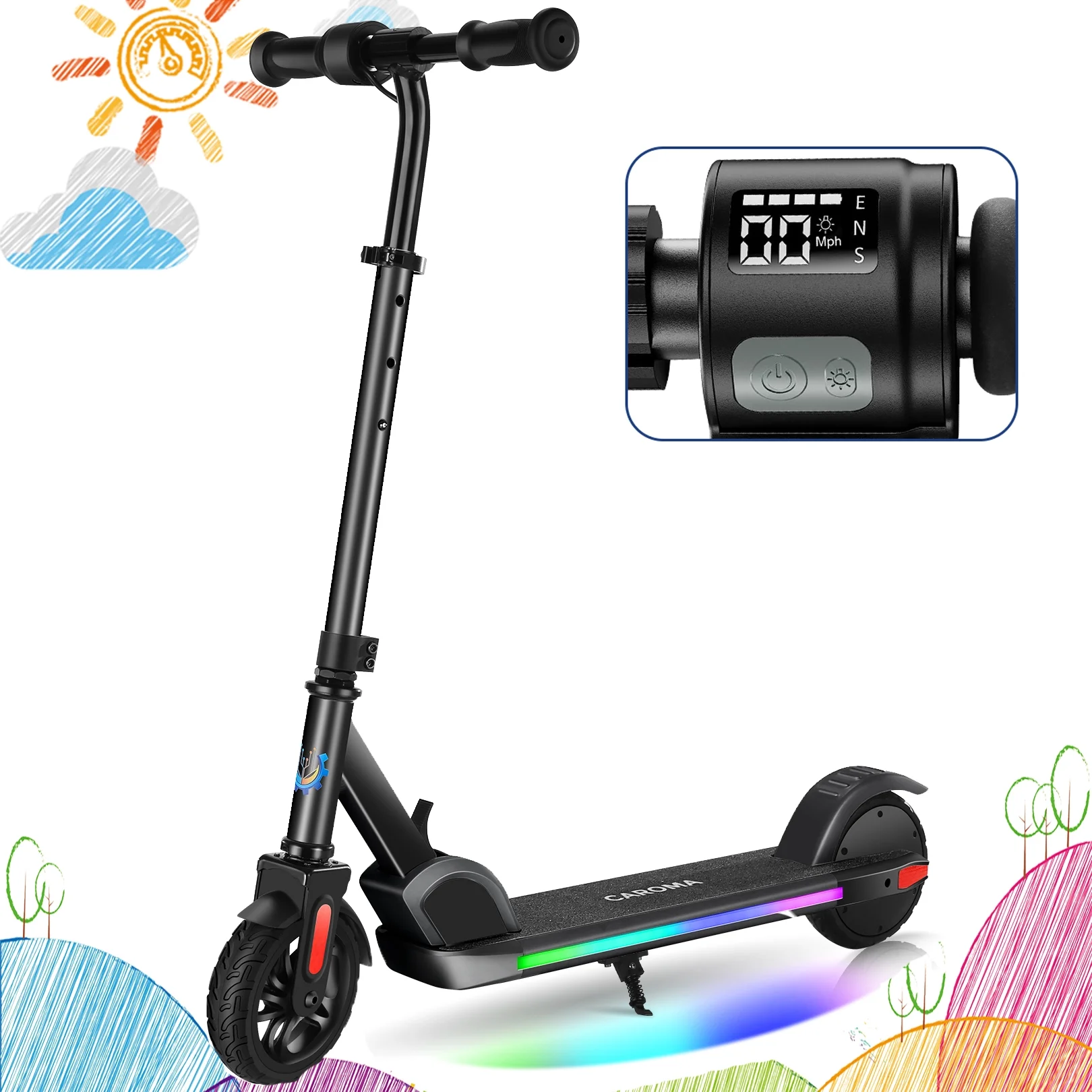 CAROMA Electric Scooter, Foldable Electric Scooter for Kids Ages 8-15, Up to 10 MPH & 7 Miles, LED Display, Colorful LED Lights, Lightweight Kids Electric Scooter, Pink