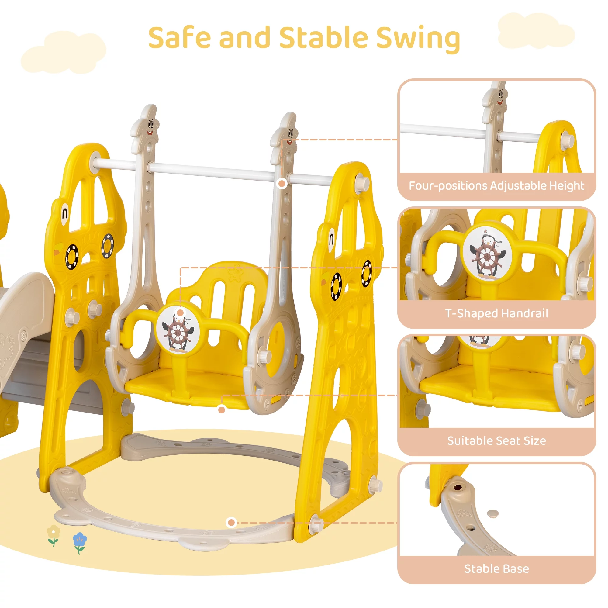 DUKE BABY 4-in-1 Kids Swing and Slide Set for Toddler Age 1-6, Extra Large Baby Indoor Outdoor Activity Playground with Basketball Hoop and Climber ?C Yellow