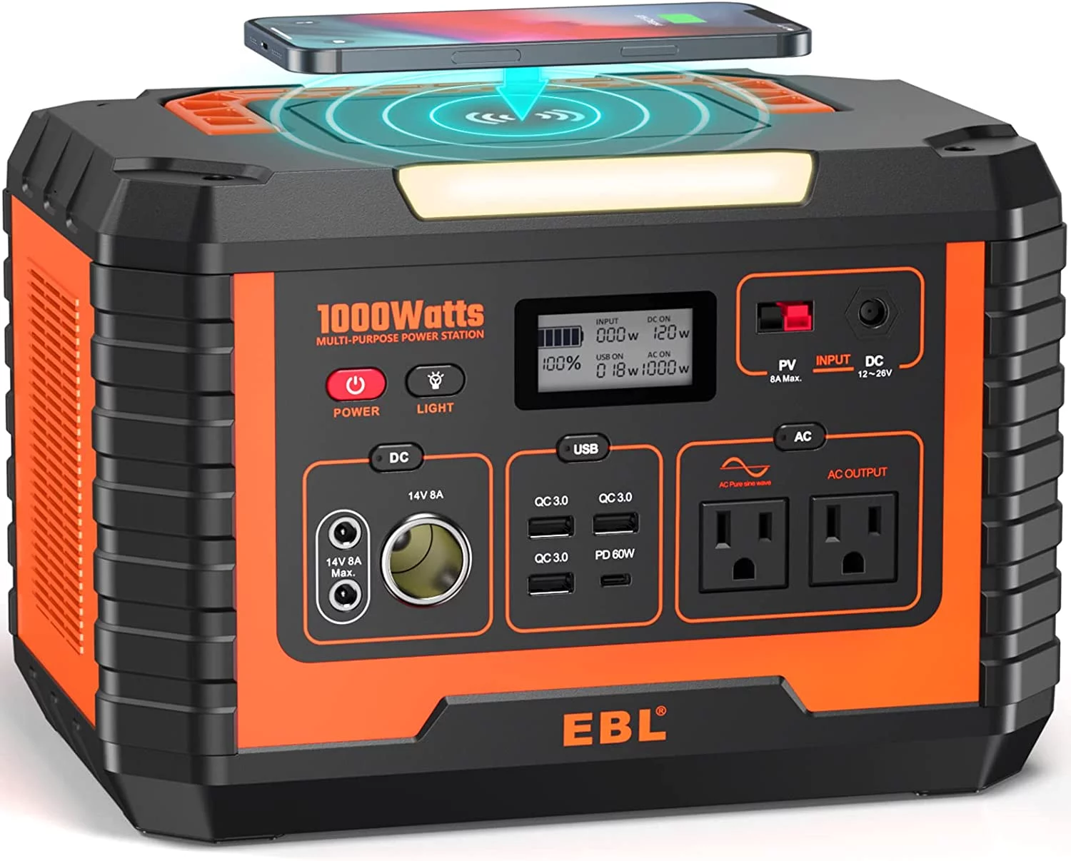 EBL Portable Power Station 1000W Solar Generator,270000mAh Lithium Battery Backup,with 2 x AC Outlets, 3 x QC3.0 USB, and PD60W Port for Outdoor Camping