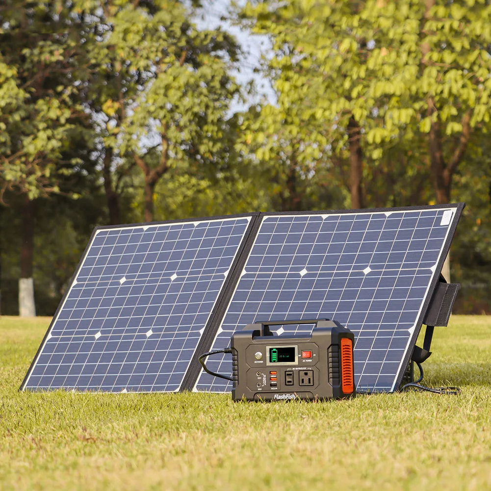 200W Portable Power Station, 40800mAh Solar Generator with 50W 18V Portable Solar Panel, Flashfish Foldable Solar Charger with 5V USB 18V DC Output