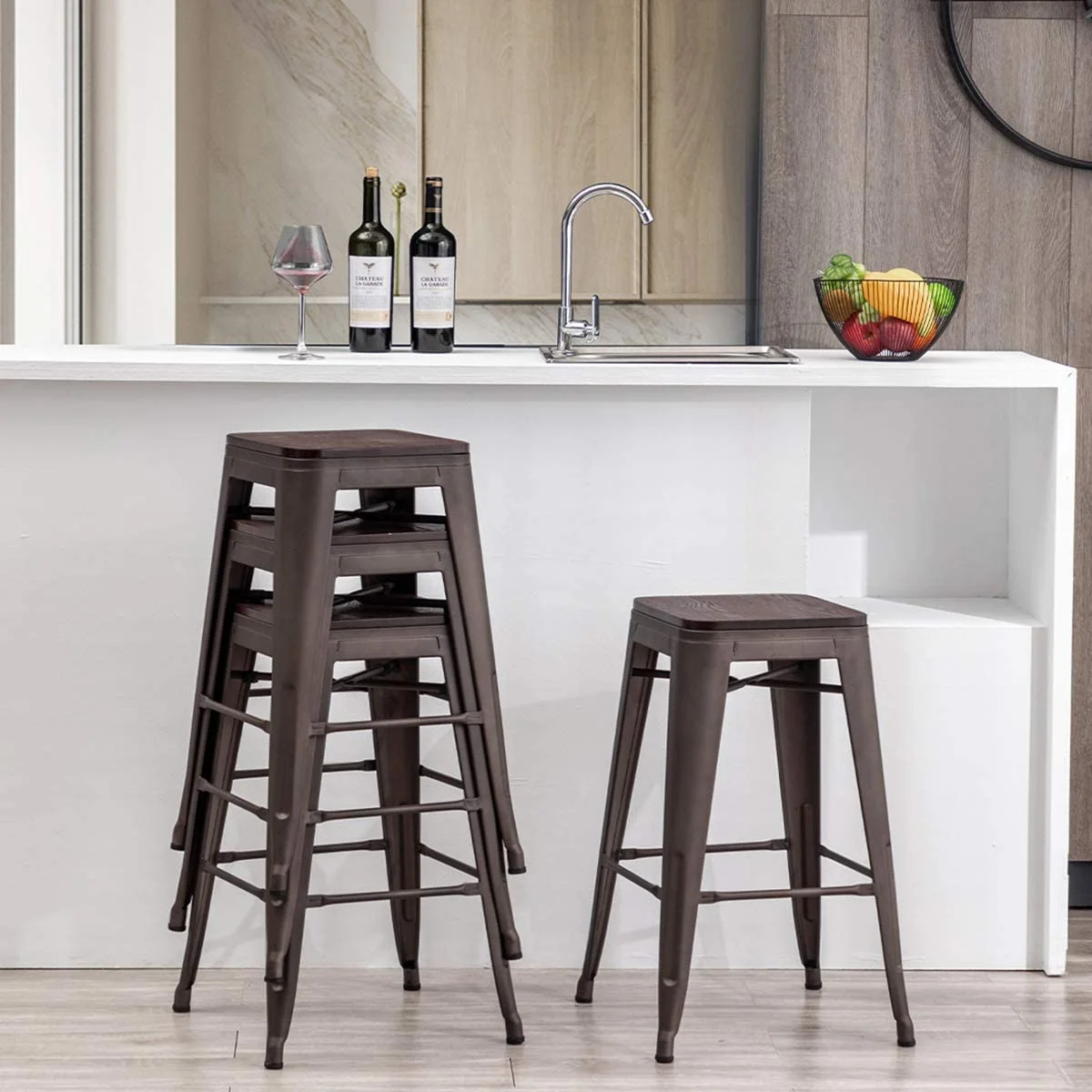 Andeworld 24″ Set of 4 Metal Bar Stools Stackable Counter Height Barstools Wood Seat Backless Rustic Kitchen Bar Chairs (Black)