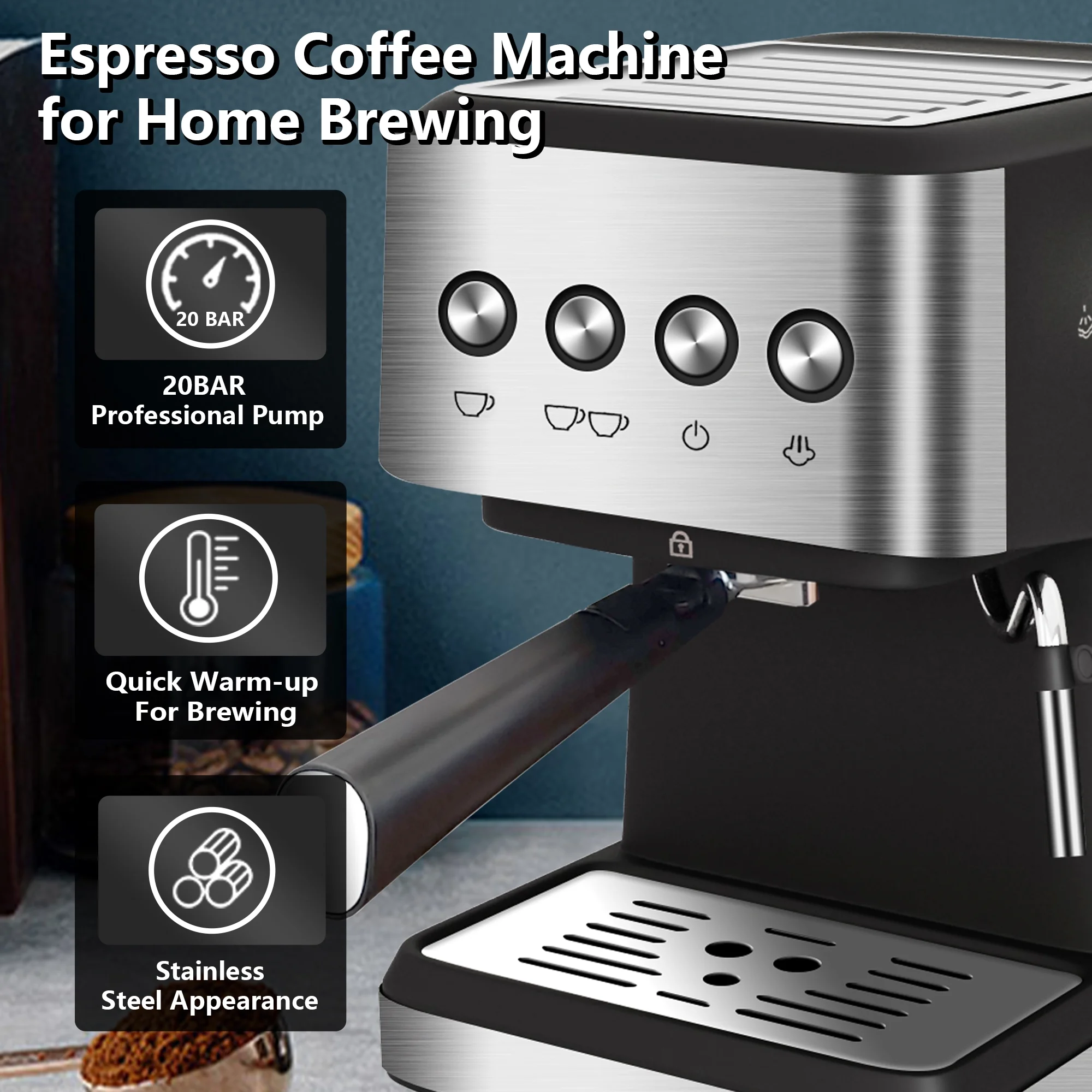 Espresso Machine 20 Bar, 1.5L Water Tank Milk Frother Steam, Stainless Steel Coffee Maker, Silver