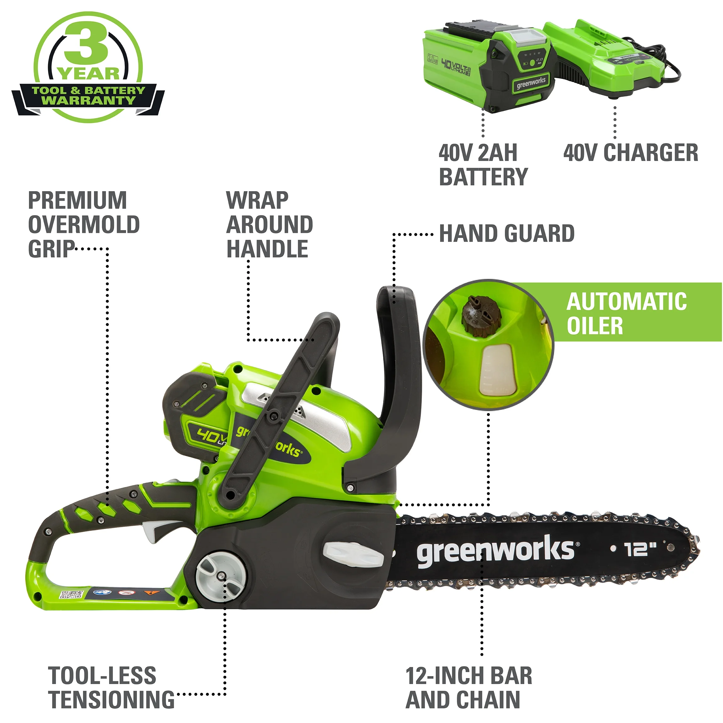 Greenworks 40V 12″ Cordless Chainsaw with 2.0 Ah Battery & Charger, 20262