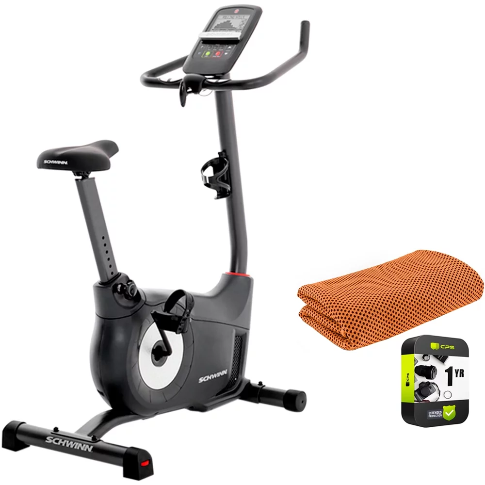 Schwinn 100931 130 Upright Exercise Fitness Bike Bundle with 1 YR CPS Enhanced Protection Pack and Workout Cooling Sport Towel