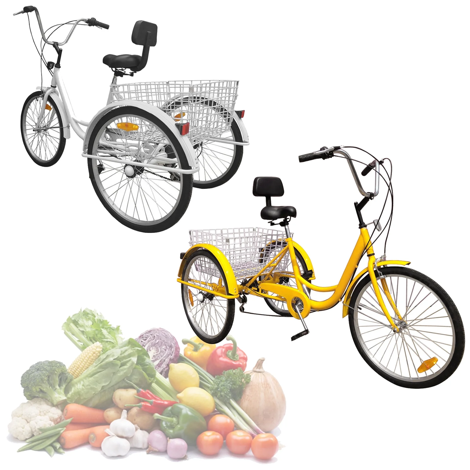 Motor Genic 7-Speed 24 Inch Adult 3-Wheel Tricycle Cruise Bike Bicycle With Basket White/Yellow