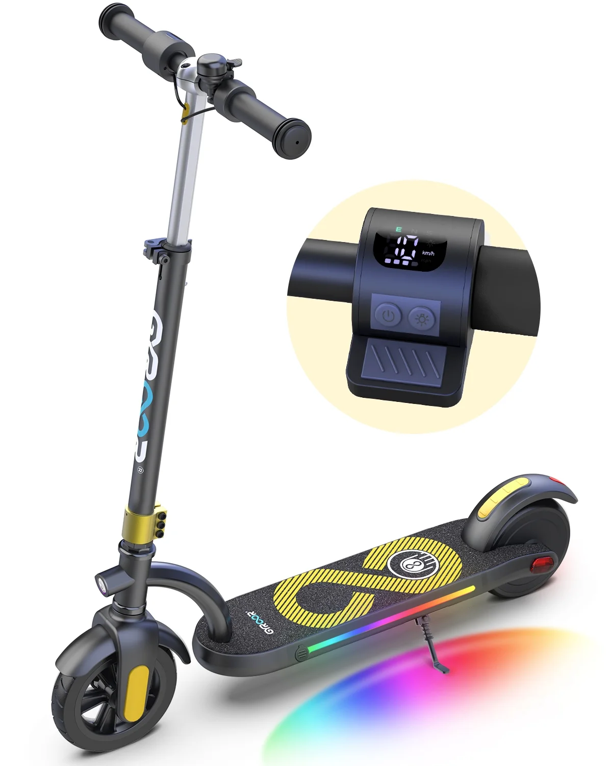 GYROOR Kids Electric Scooter, with 180 Motor & LED Visible Display, Colorful Lights, Adjustable Speed and Height, 10 Mph & 10 Miles Range Electric Scooter, Electric Scooter for Kids Ages 8-12