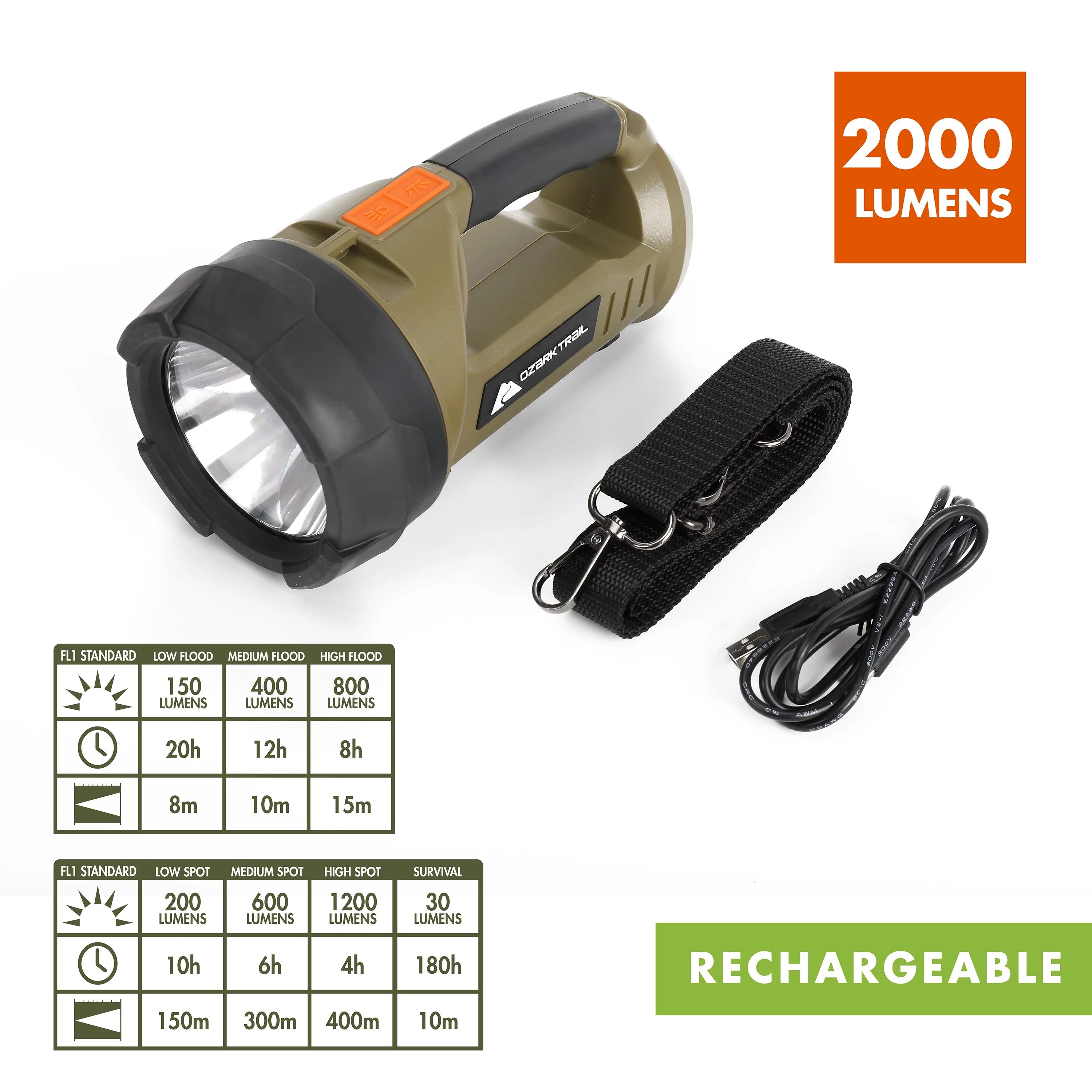 Ozark Trail 2000 Lumen Dual Source LED Rechargeable Spotlight with 5000 mAh Power Bank, Olive