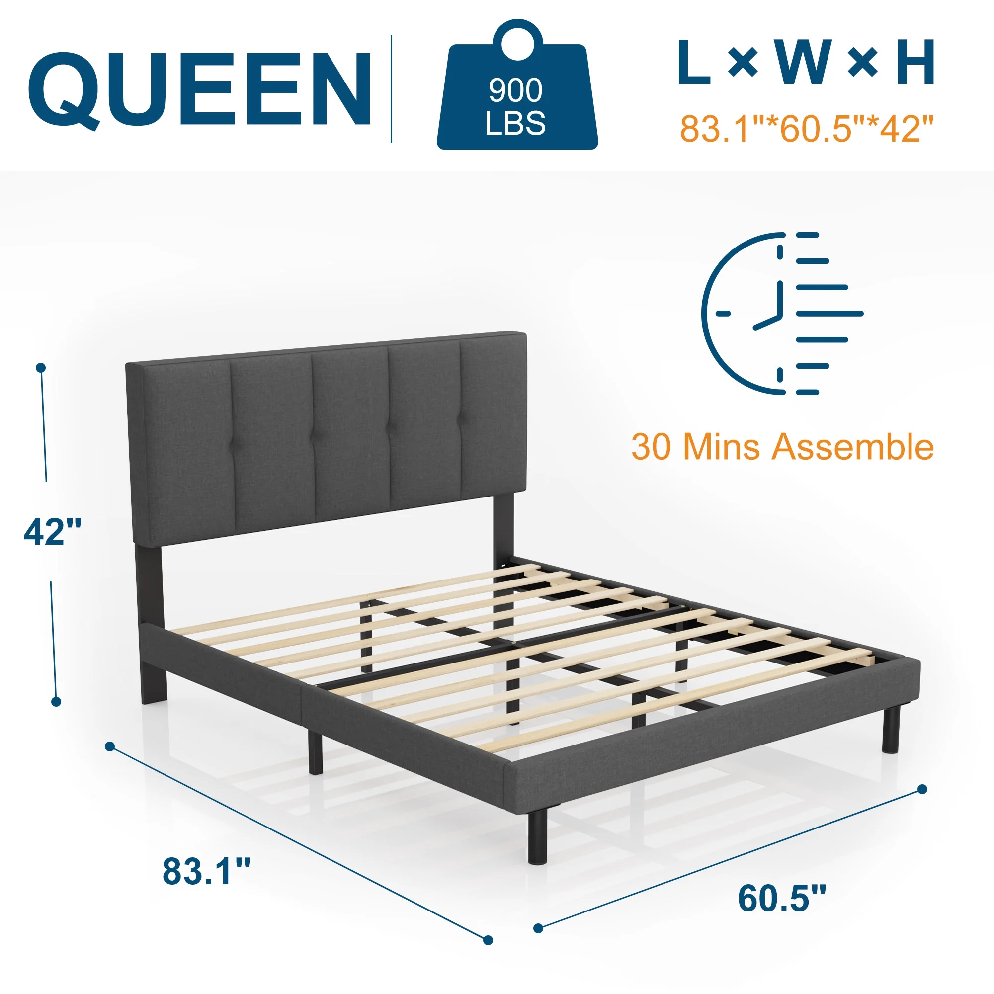 Queen bed, HAIIDE Queen Size Platform Bed Frame with Fabric Upholstered Headboard, No Box Spring Needed, Dark Grey