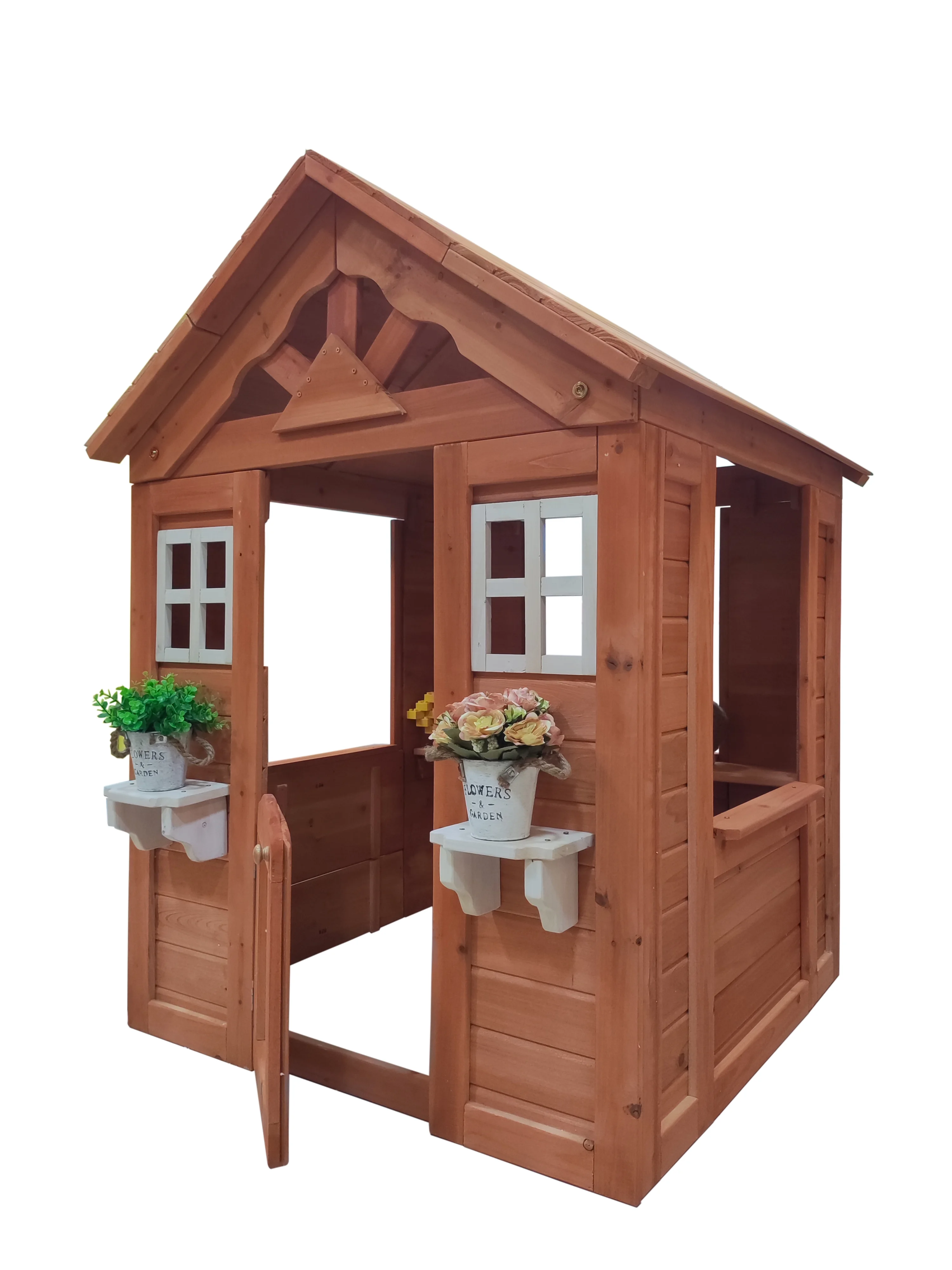 iRerts Kids Playhouse, 4-in-1 Outdoor Playhouse for Age 3-8 Years Boys Girls, Wooden Cottage Playhouse with Door, Windows, Flowerpot Holder and 4 Games, Play House for Outdoor Garden Lawn Patio Yard