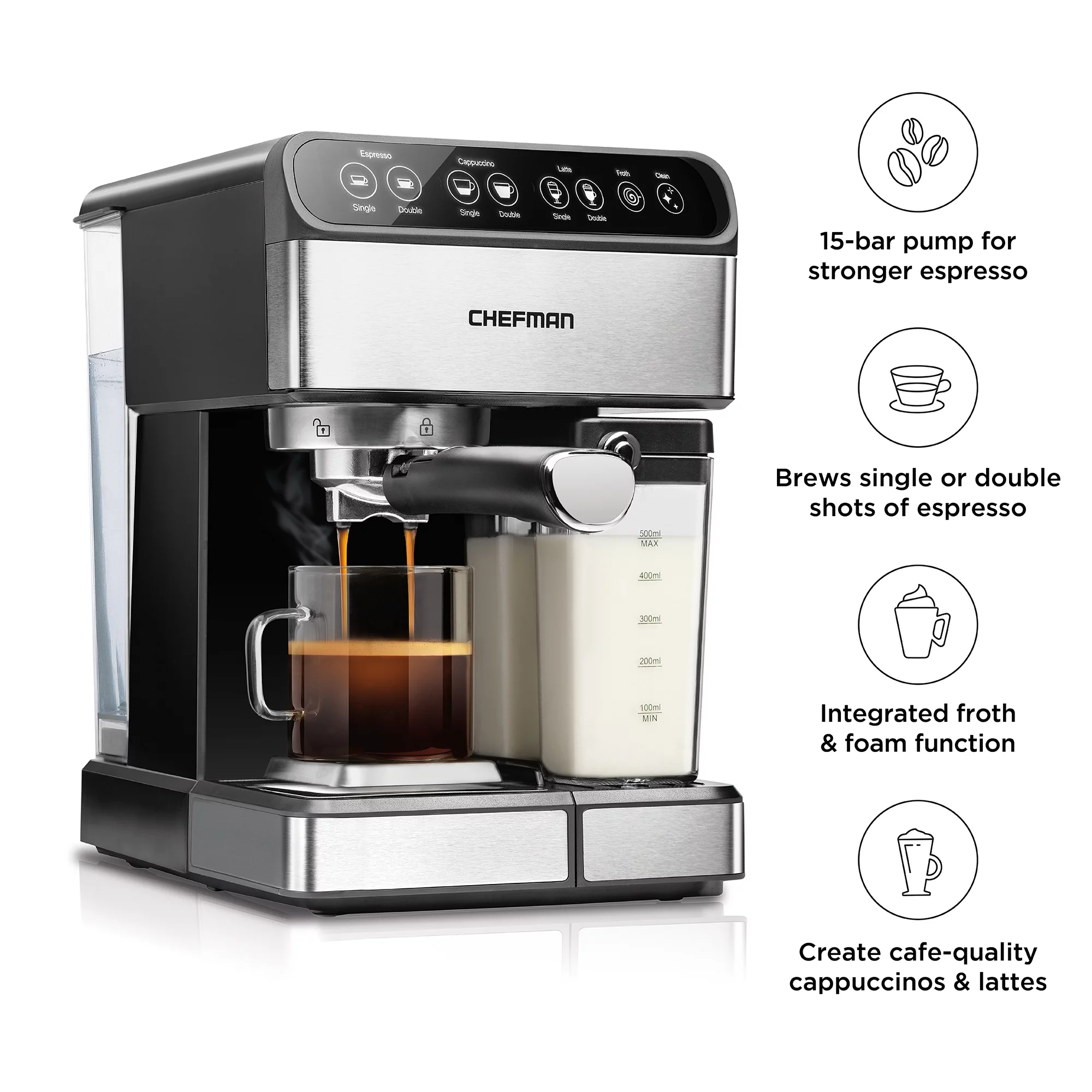 Chefman 6-in-1 Digital Espresso Machine w/ Integrated Milk Frother, 15-Bar Pump – Stainless Steel, New