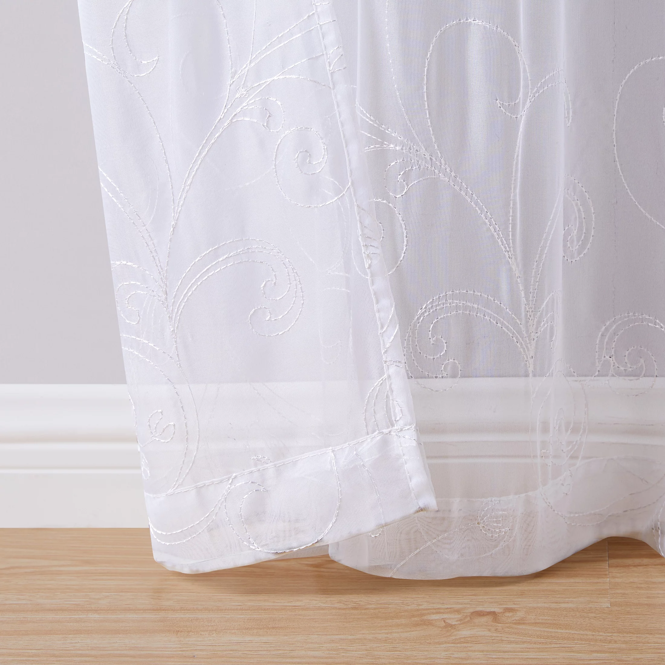 Mainstays Embroidered Scroll Rod Pocket Sheer Curtain Panel, White/White, 38″ x 84″