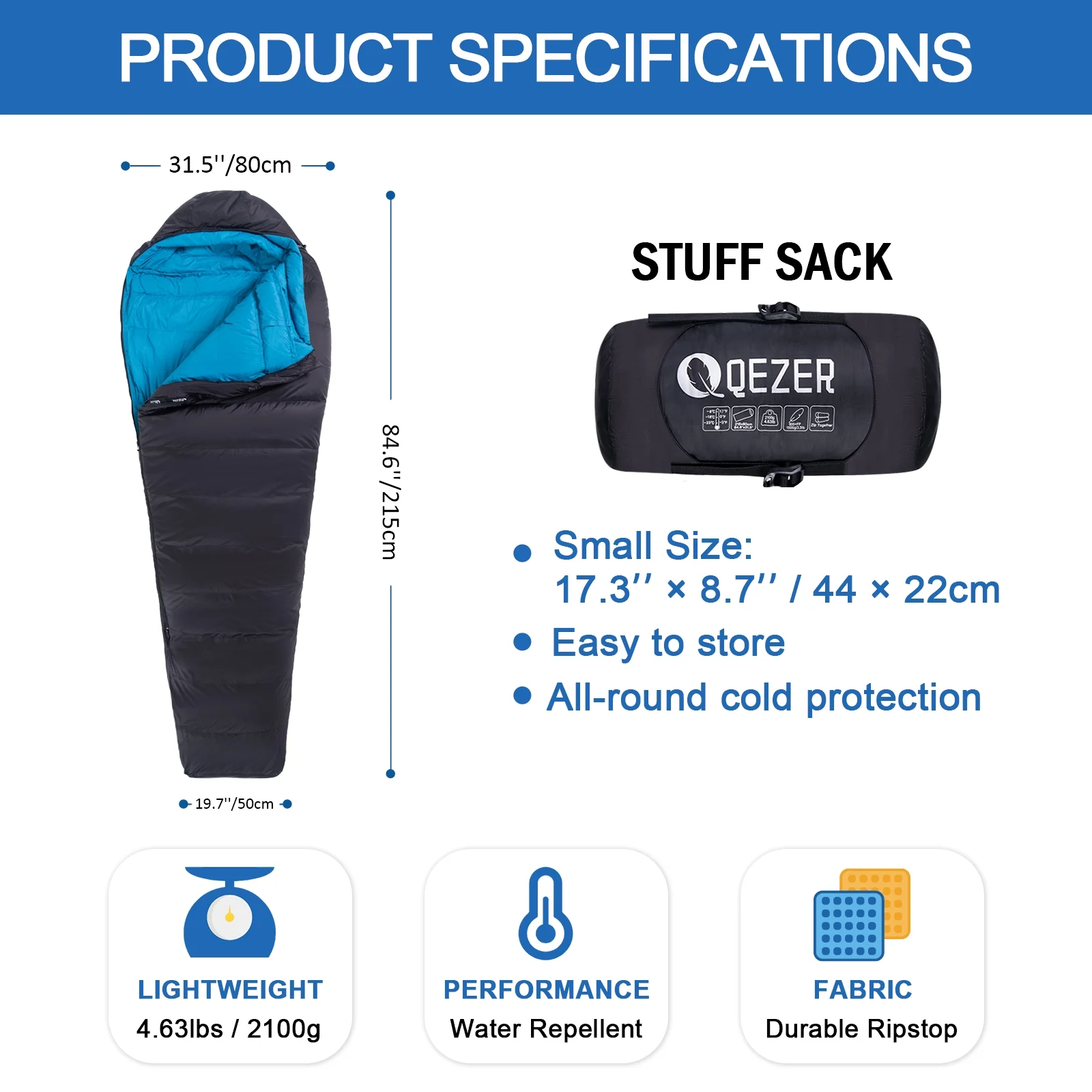 QEZER Down Sleeping Bag for Adults 15??F Backpacking Sleeping Bag for Cold Weather with Compression Sack