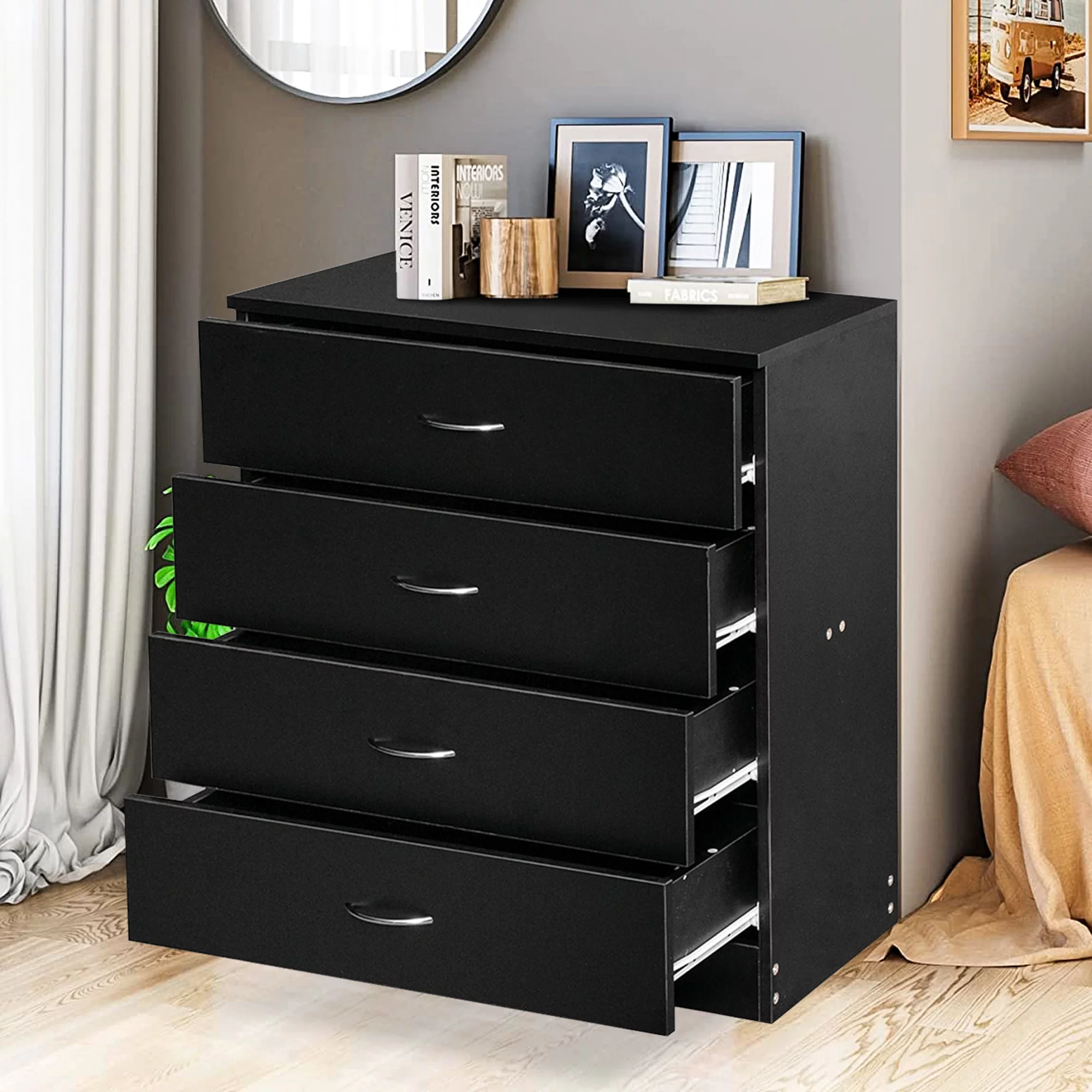 Segmart Black 4 Drawer Dresser for Small Space, Wood Storage Cabinet for Living Room, Chest of Drawers with Metal Handle for Bedroom