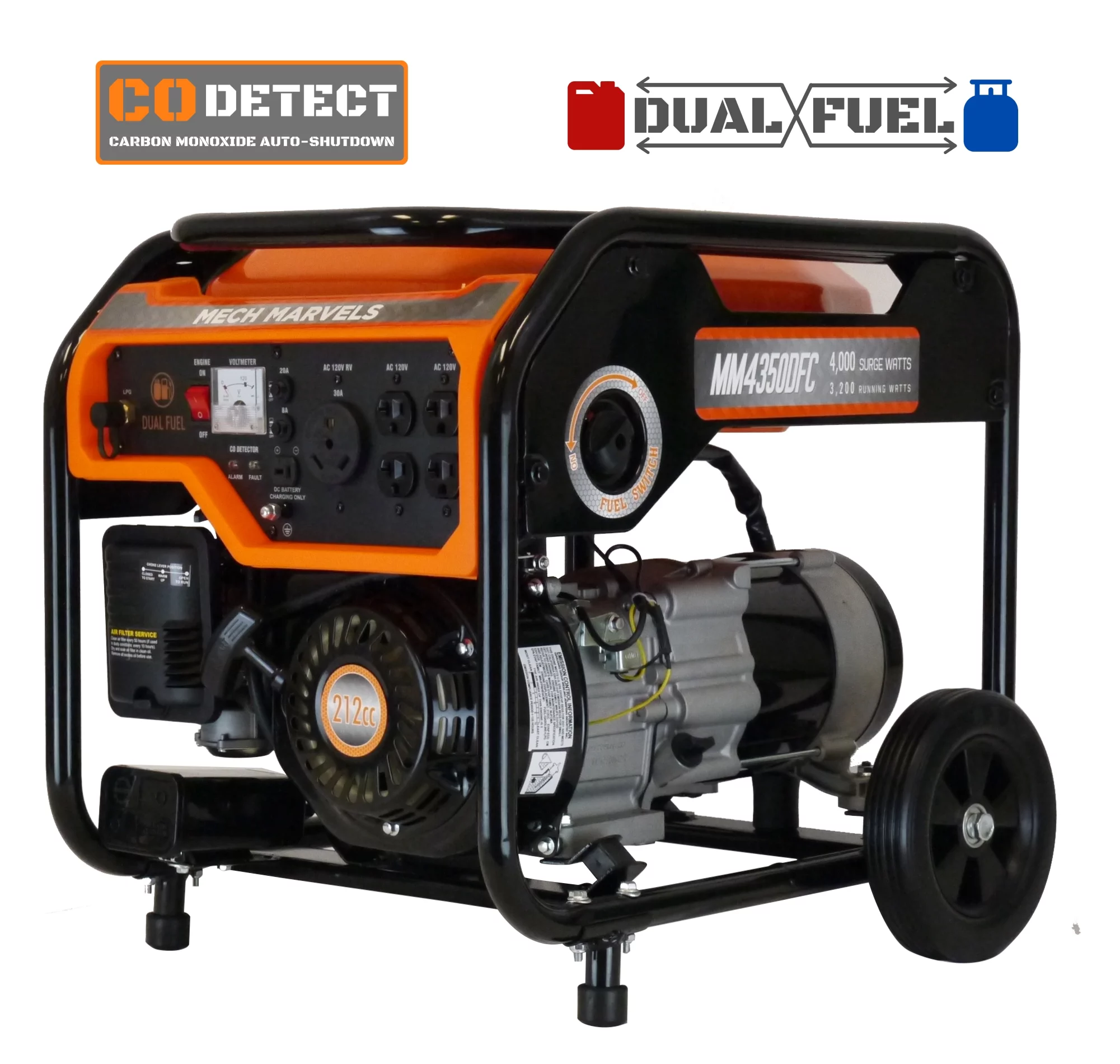 Mech Marvels 4000 Watt Dual Fuel Portable Generator, RV Outlet, CO Detect, CARB Compliant, MM4350DFC