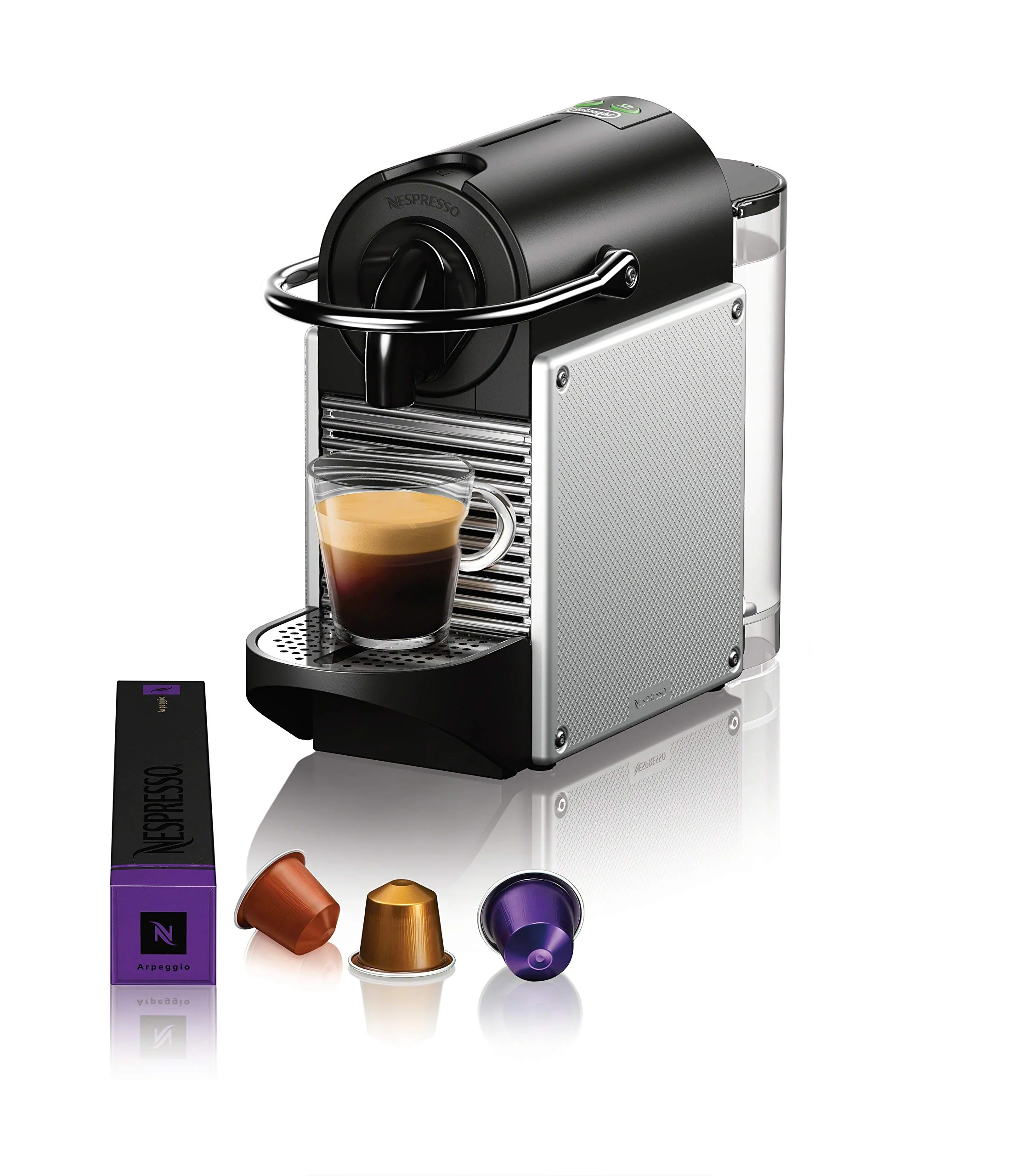 Nespresso by De’Longhi Pixie Single-Serve Espresso Machine with Simplified Water Tank in Aluminum and Aeroccino Milk Frother in Black