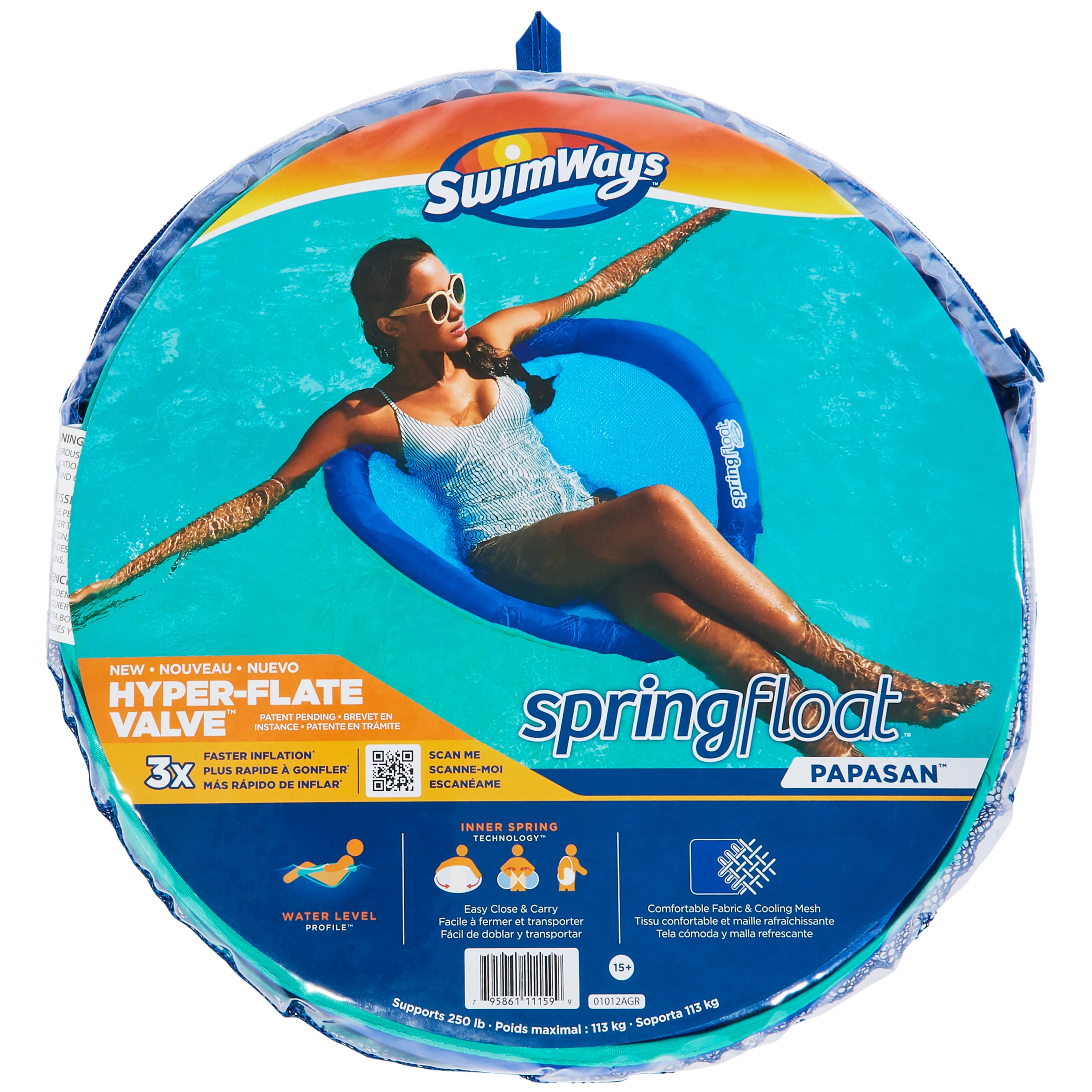 SwimWays Spring Float Papasan, Inflatable Lounge Chair, For Men & Women Ages 15+, Blue