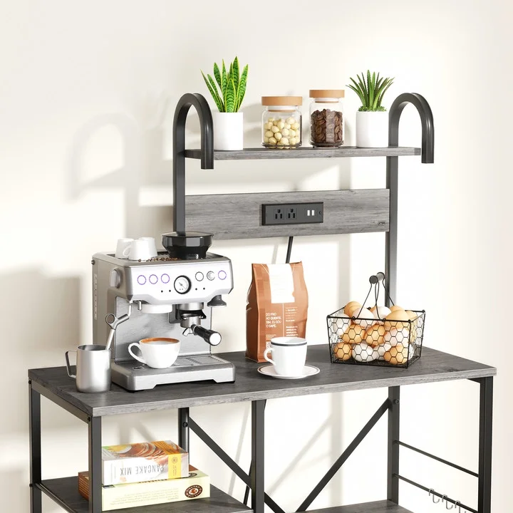 Walsunny Kitchen Bakers Rack with Power Outlet,Industrial Kitchen Island Storage Shelf with 6 Hooks 6 Tier Rack