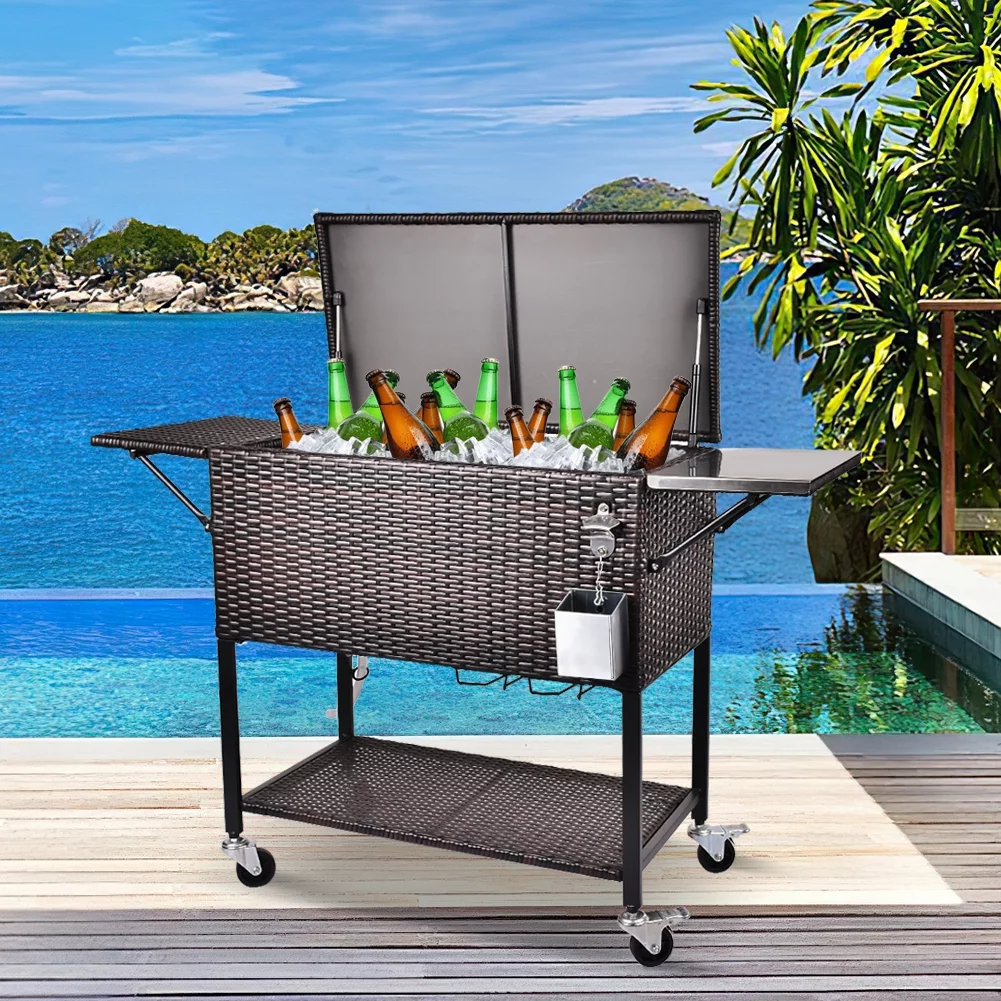 Magic Union 80 Quart Rattan Rolling Cooler Cart Ice Chest on Wheels Outdoor Stand Up Drink Cooler Cart, Single Top- Black