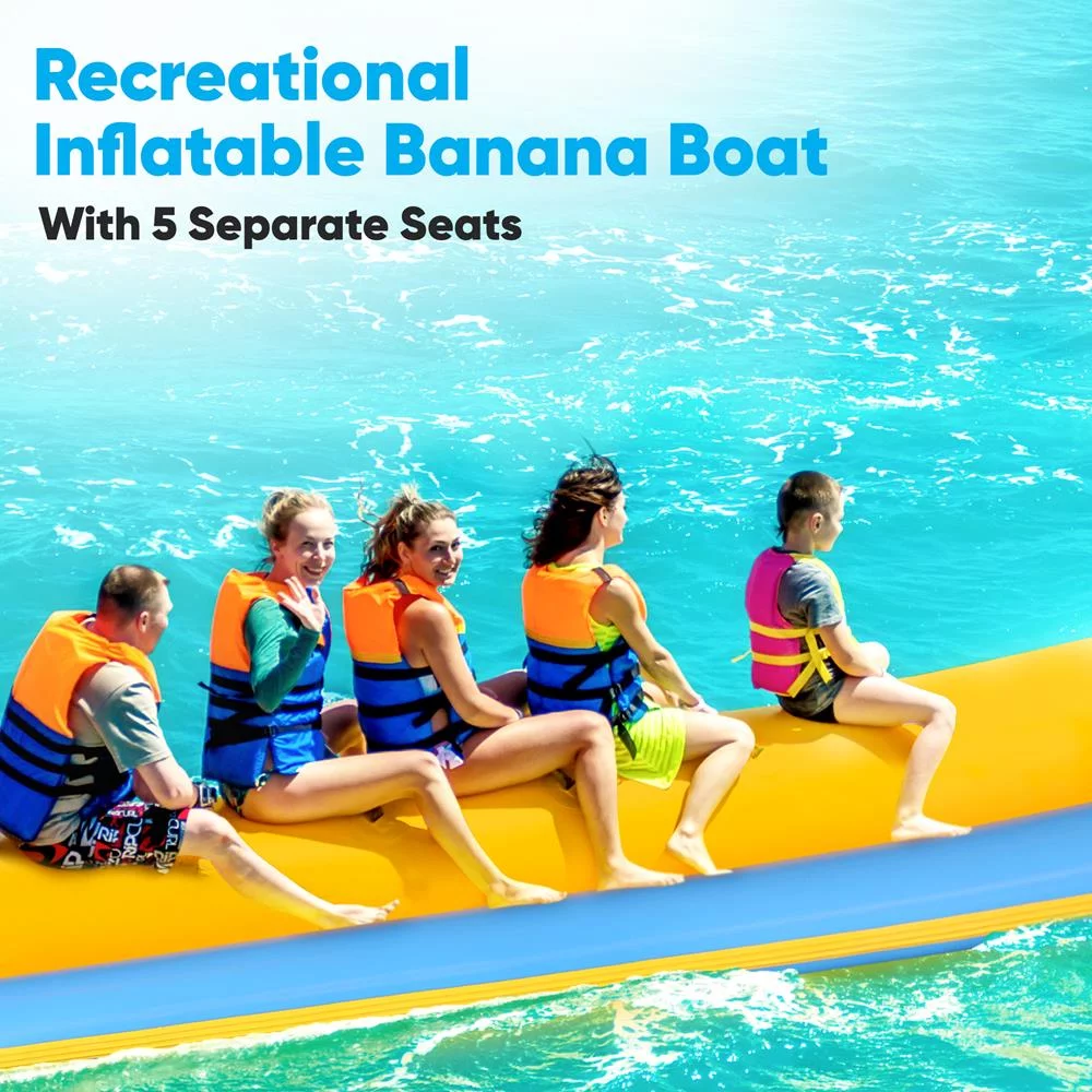 SerenelifeHome 5 Person Recreational Inflatable Banana Boat with Storage Bag, Foot Pump, and Repair Kit, with Reinforced Seats and Foot Areas