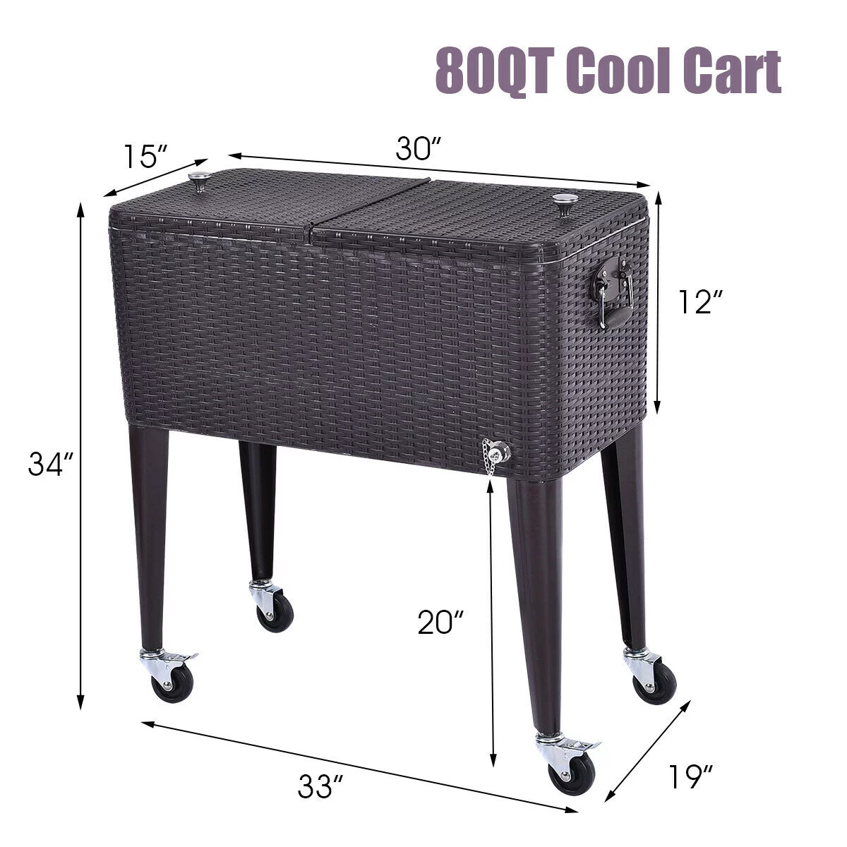 Costway Outdoor Rattan 80QT Party Portable Rolling Cooler Cart Ice Beer Beverage Chest