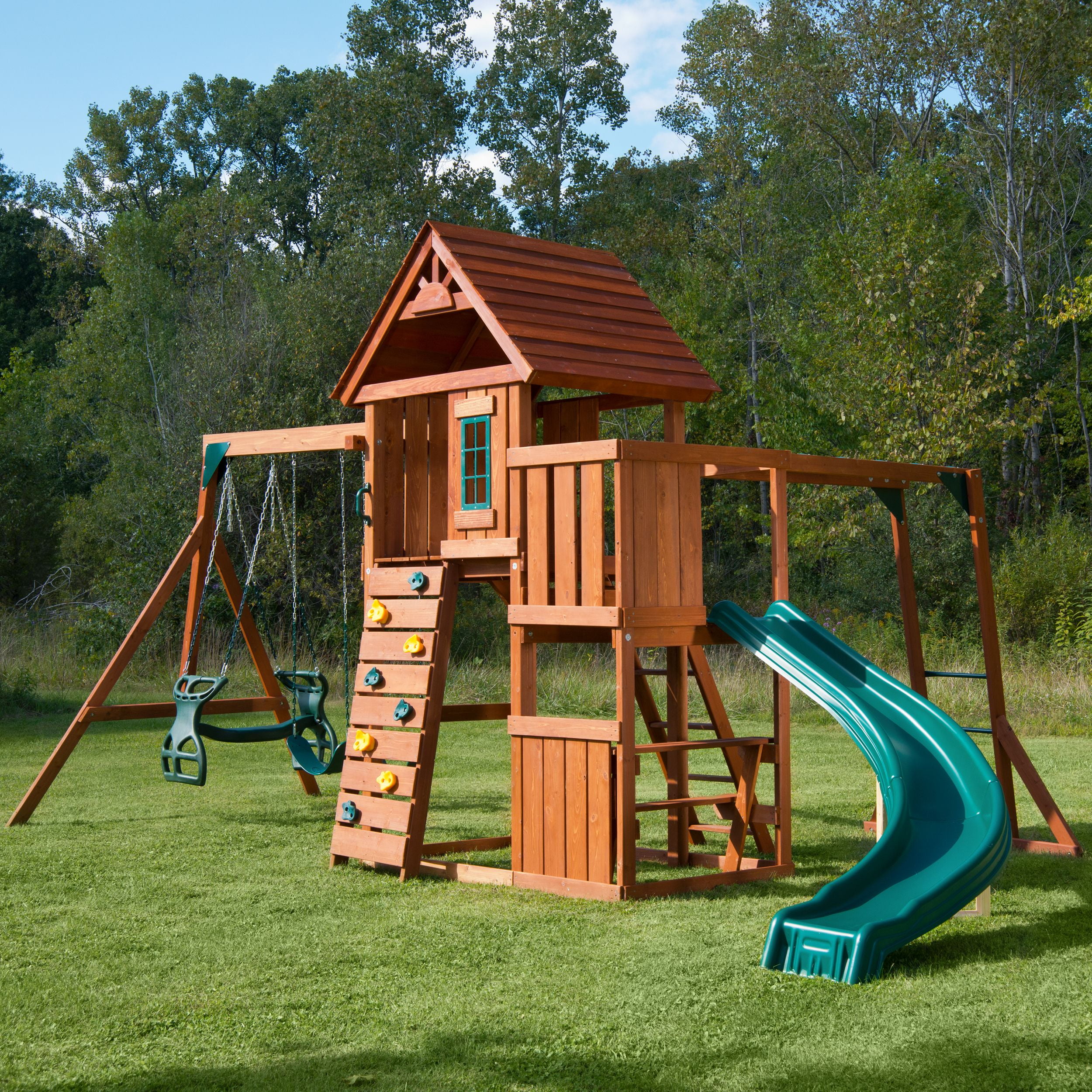 Swing-N-Slide Cedar Brook Wooden Backyard Play Set with Monkey Bars, Swings, Climbing Wall, and Curved Slide