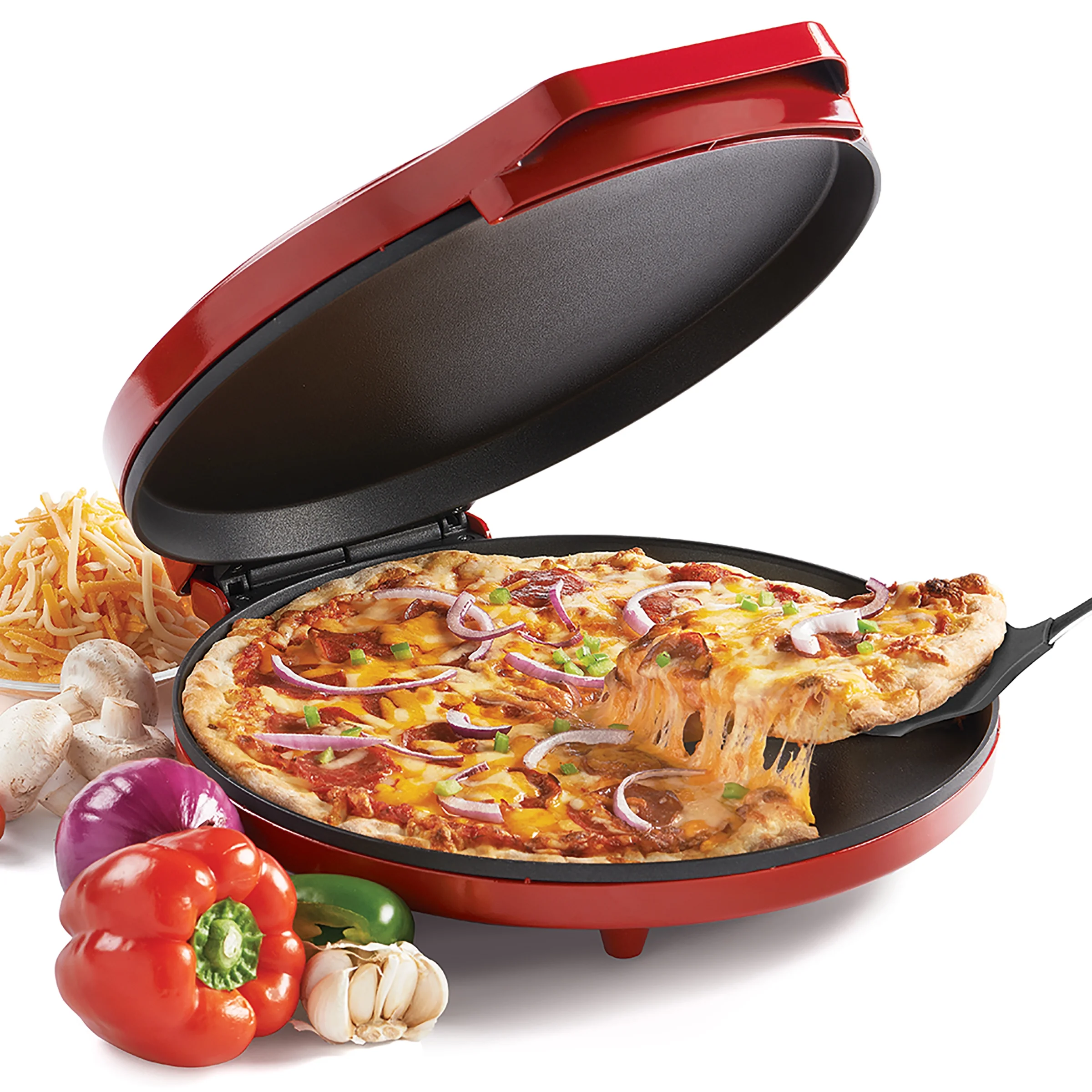 Betty Crocker Pizza Maker Plus, 12″ Indoor Electric Grill, Nonstick Griddle Pan for Pizzas, Quesadillas, Tortillas, Nachos and more, 12″ Electric Griddle for Delicious Meals and Snacks, Red