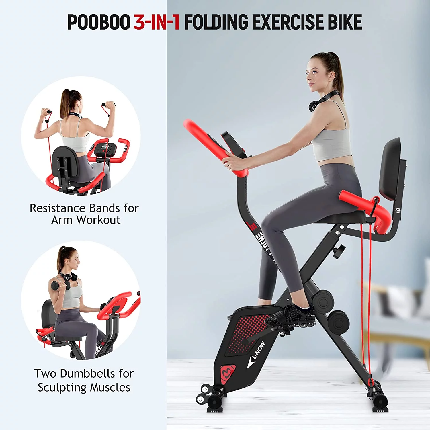 Pooboo 3 in 1 Foldable Exercise Bike Indoor Cycling Bike Magnetic Upright Bike Stationary Bike with Arm Resistance Bands,Pulse Sensor,LCD Monitor,Dumbbells