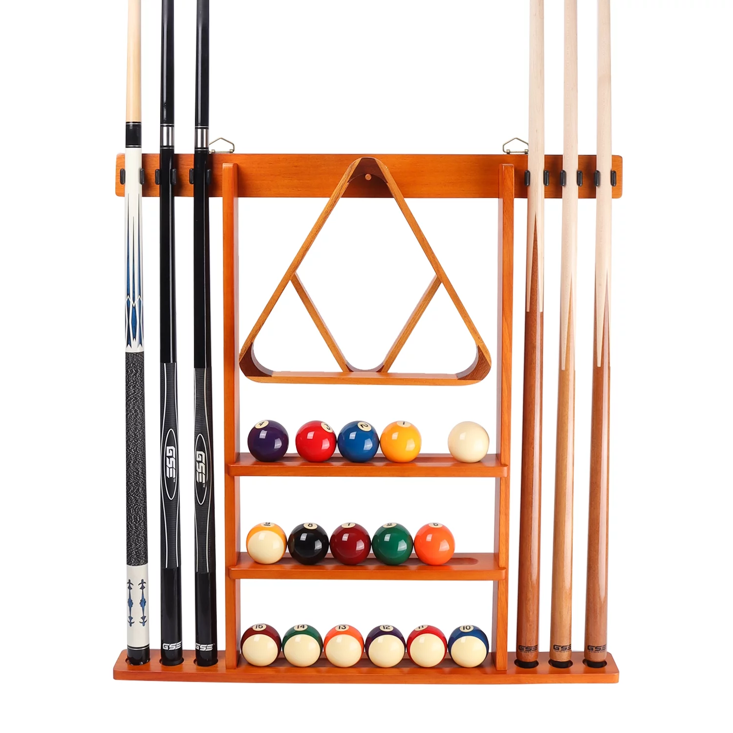 GSE Games & Sports Expert Billiard Pool Cue Stick Hanging Wall Mounting Rack. Holds 6 Pool Cue Stick, Billiard Ball Rack and Pool Ball – Black