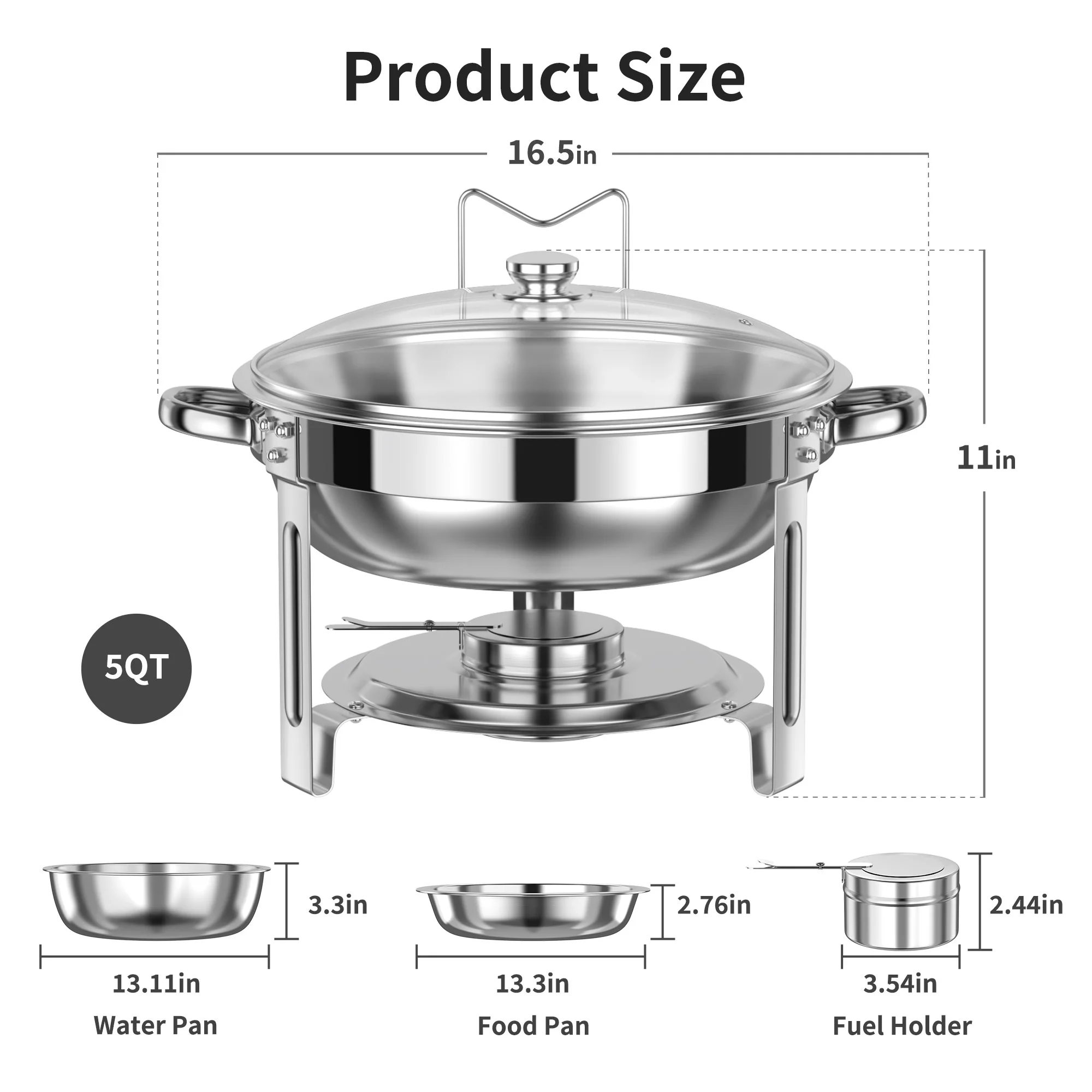 Chafing Dish Buffet Set 2 Pack, TINANA 5QT Stainless Steel Chafing Dishes for Buffet with Glass Lid & Lid Holder, Round Chafers and Buffet Warmers Sets for Parties, Events, Wedding, Camping, Dinner