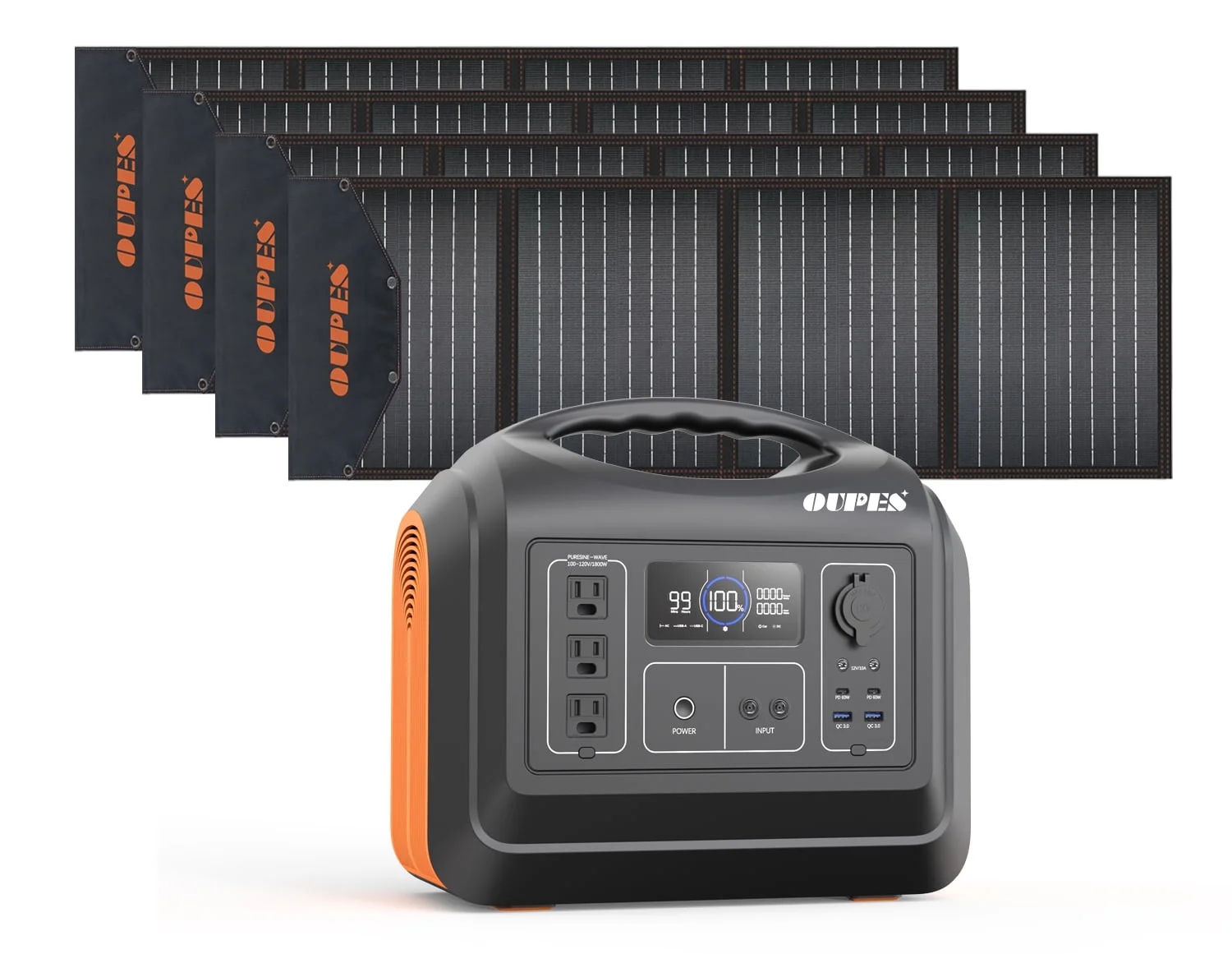 OUPES 1800W Portable Power Station with 2*100W Panels,1488Wh Solar Generator with 3 1800W AC Outlets, Emergency LiFePO4 UPS Battery Backup (4000W Peak) for Home Use, Camping