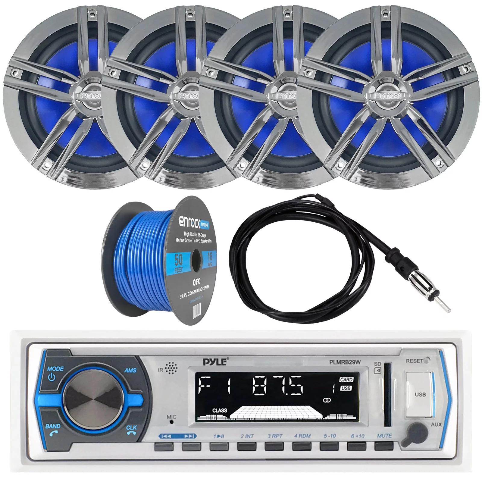 Pyle PLMRB29W Bluetooth Marine Receiver Stereo with Enrock EM265C Marine 2-Way 180W 6.5″ Water-Resistant Loudspeaker(2-Pairs), Enrock EKMR2 Marine Antenna & Enrock Marine 50′ 16G Speaker Wire